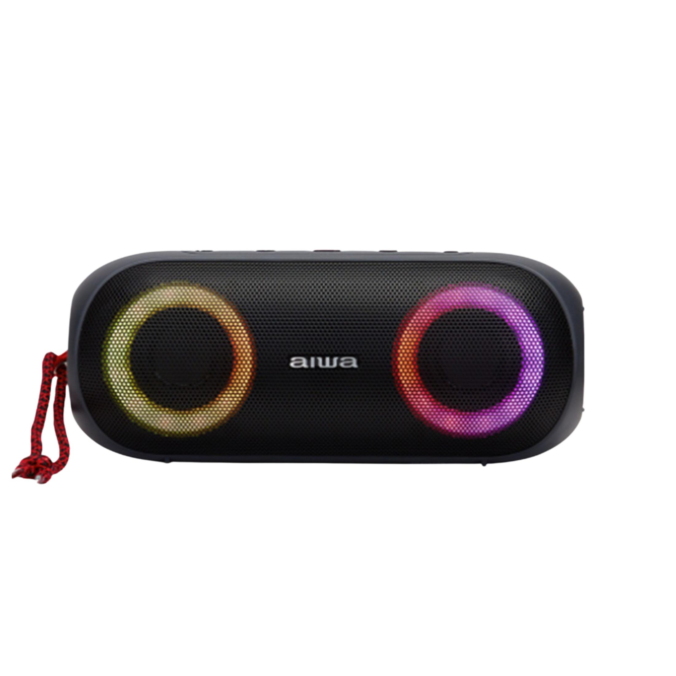 Altoparlante portatile nero con luci colorate e cordino rosso.