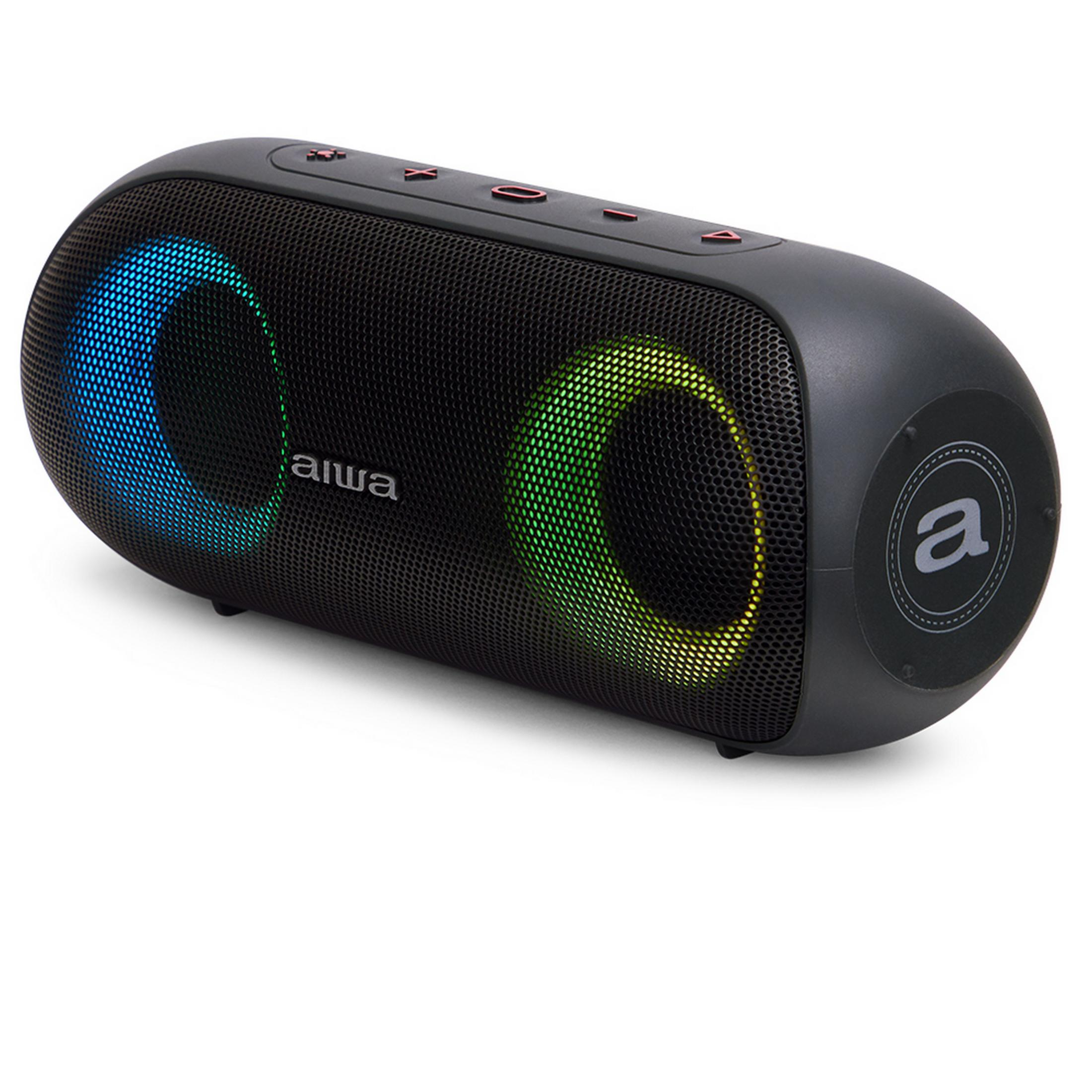 Uno speaker portatile nero con luci blu e verdi.