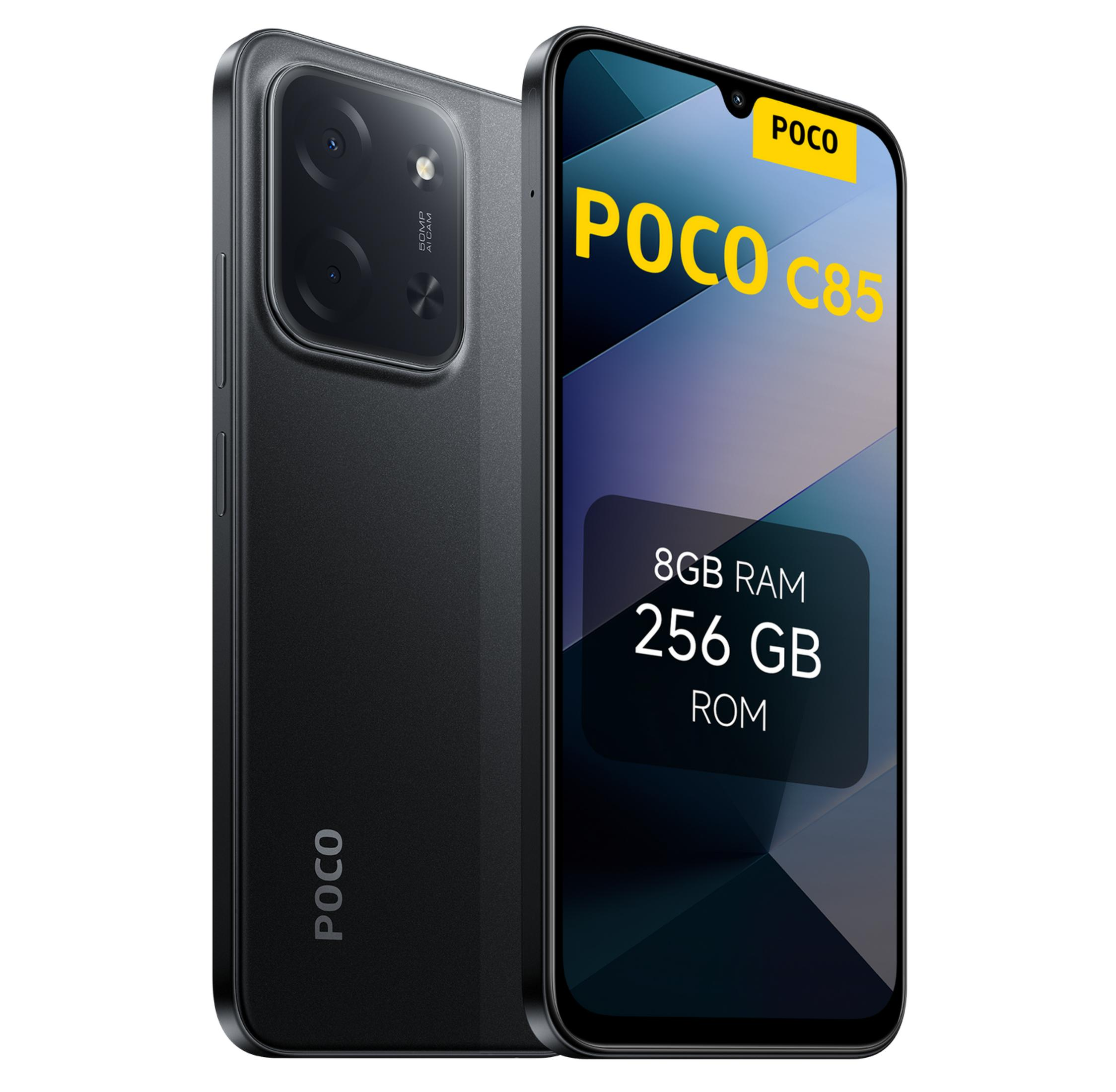 Uno smartphone POCO C85 nero con 8GB di RAM e 256GB di ROM.