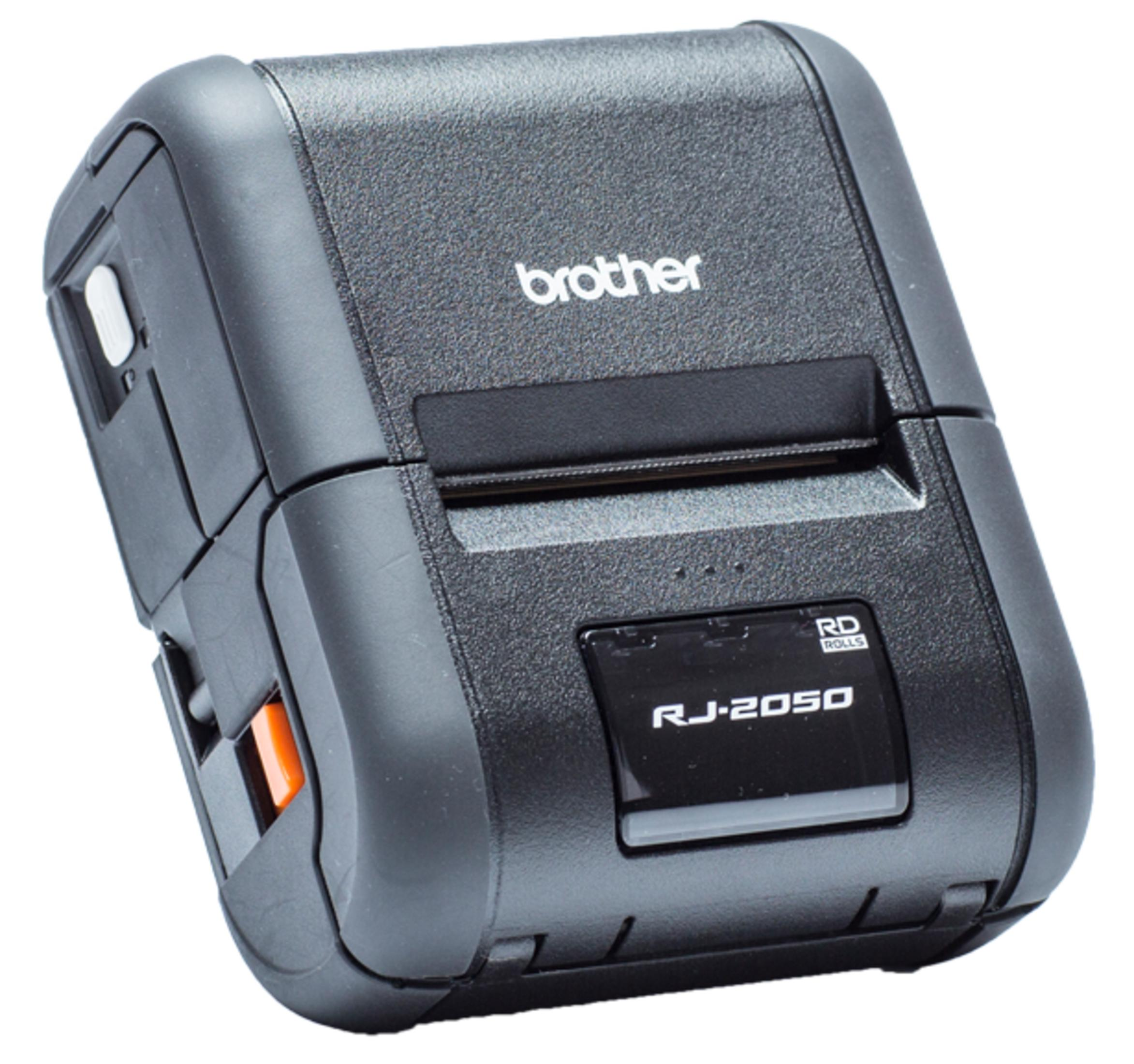 Stampante per etichette Brother RJ-2050 nera con leva arancione e pulsante bianco.