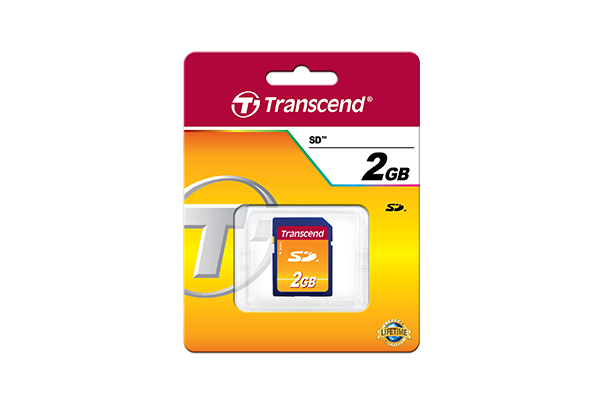 Transcend 2GB SD-kaart in blisterverpakking met merkembleem en levenslange garantie.