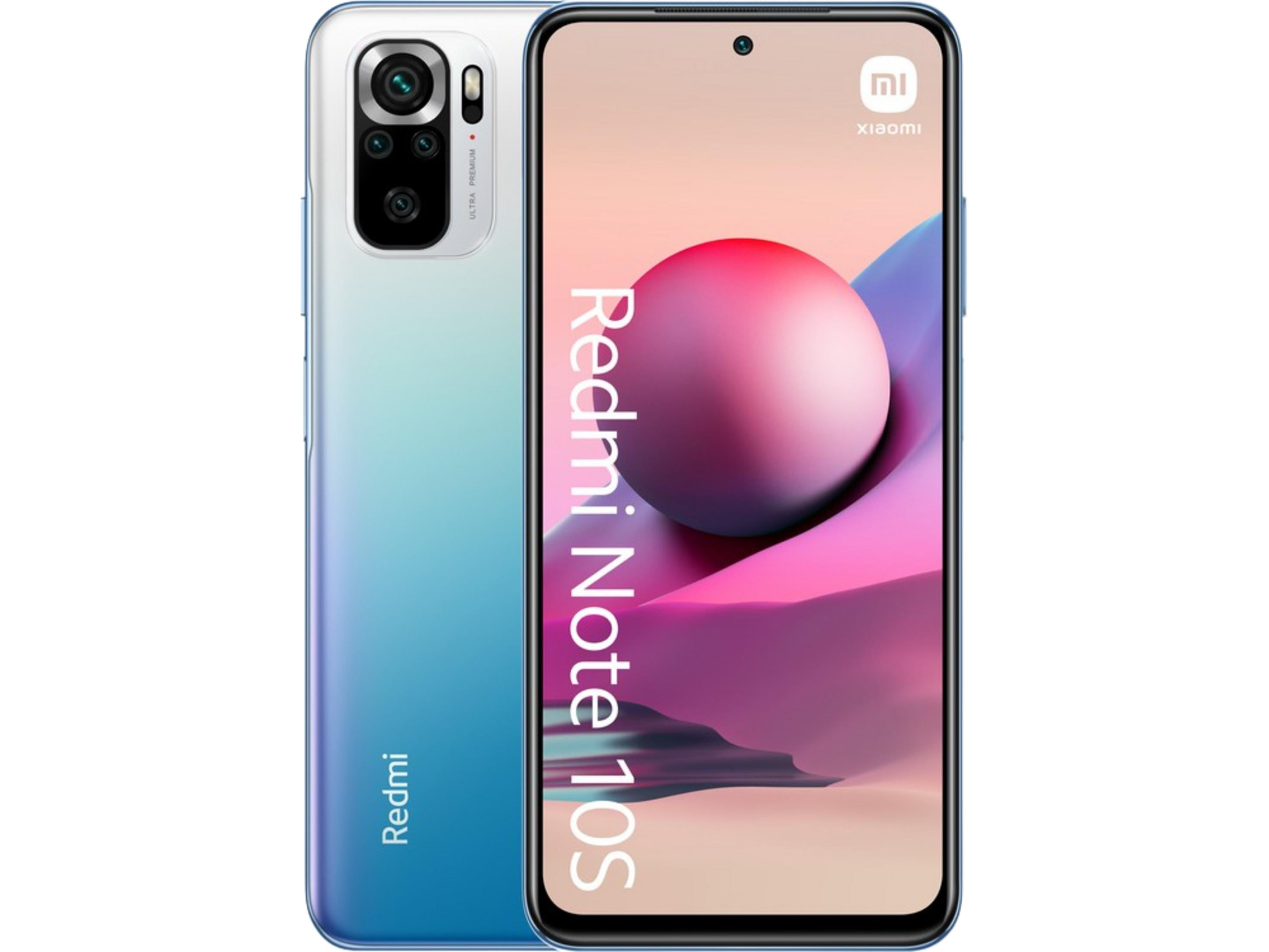 Uno smartphone Xiaomi Redmi Note 10S blu che mostra le sue quattro fotocamere posteriori.