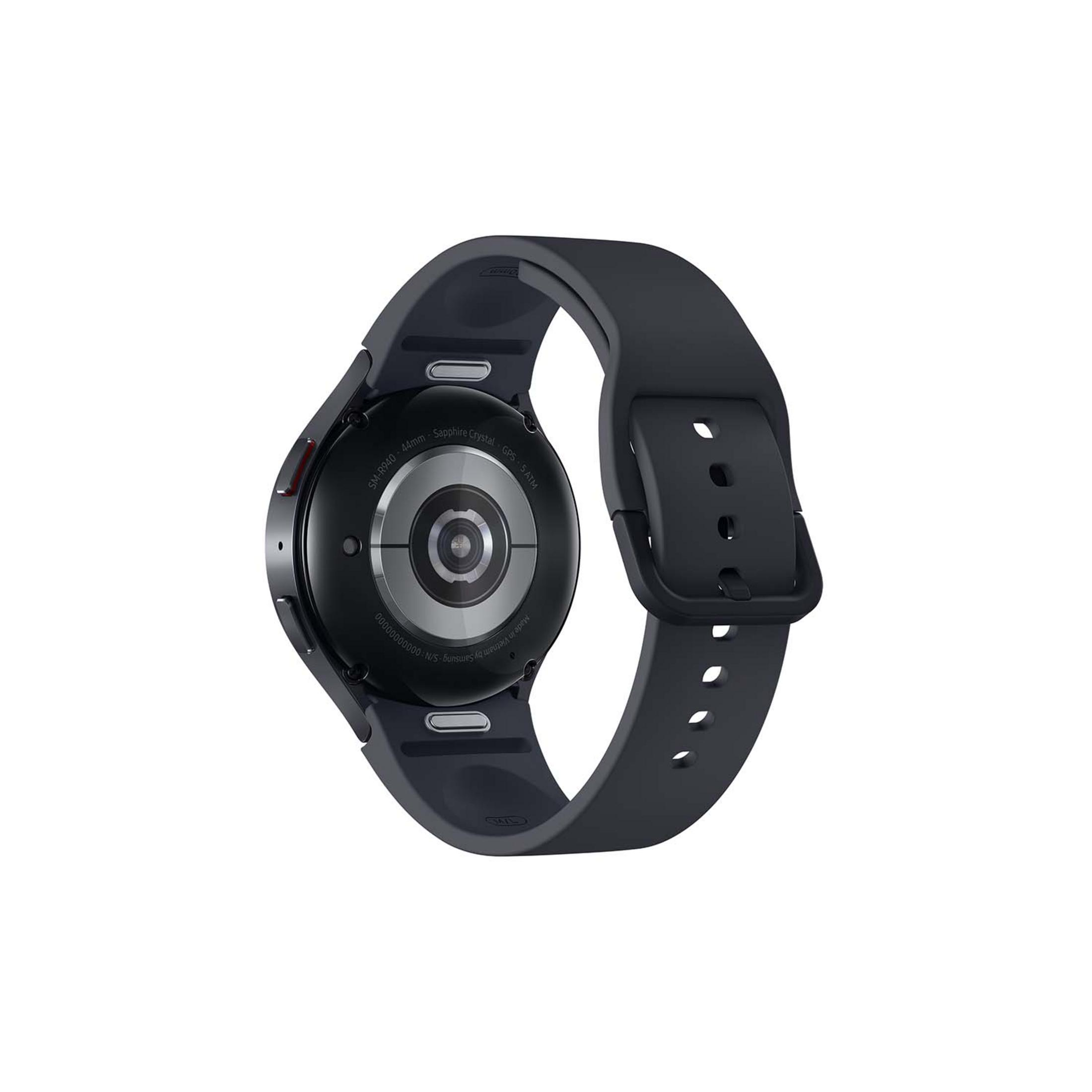 Donkergrijze smartwatch met zwart bandje, achterkant zichtbaar.