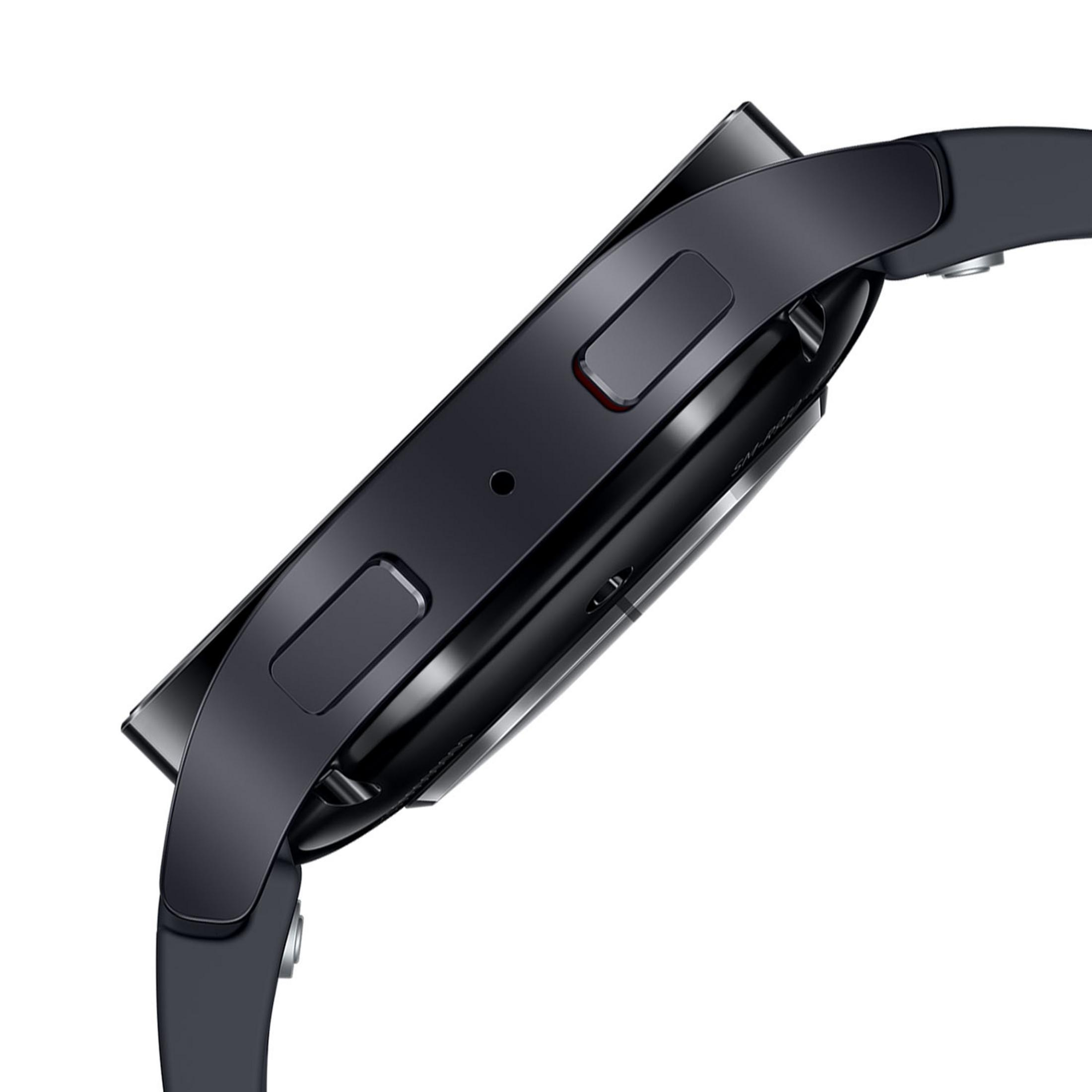 Donkergrijs smartwatch-behuizing met zwarte knoppen en band.