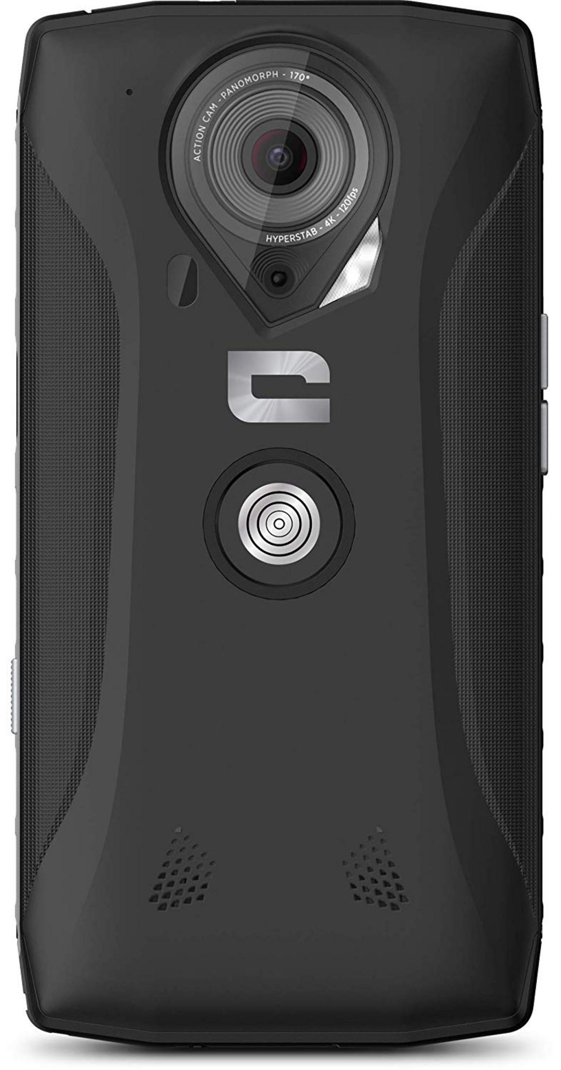 Rückseite einer schwarzen Action-Kamera mit Panomorph-Objektiv und Logo.