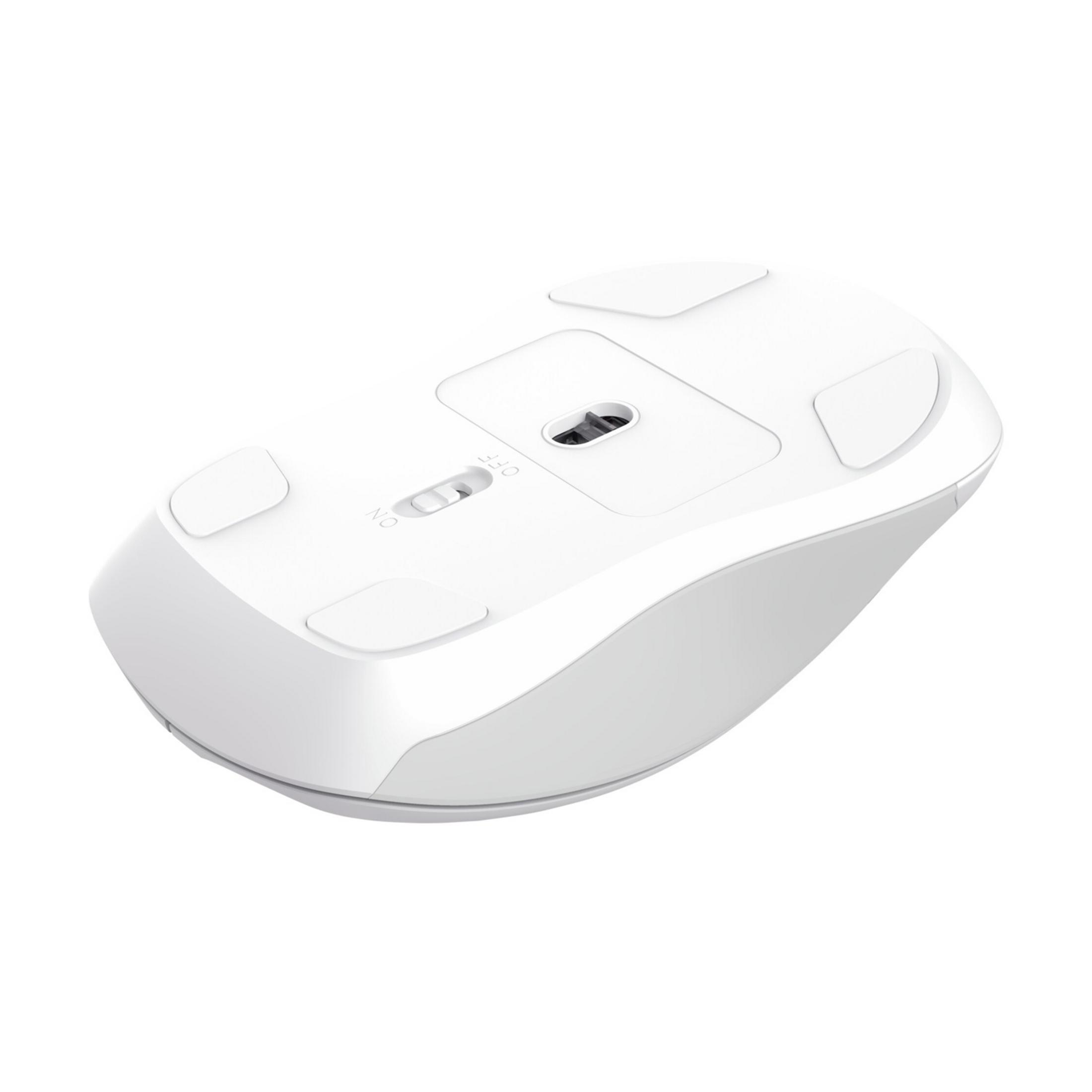White computer mouse with on/off switch and four glide pads.