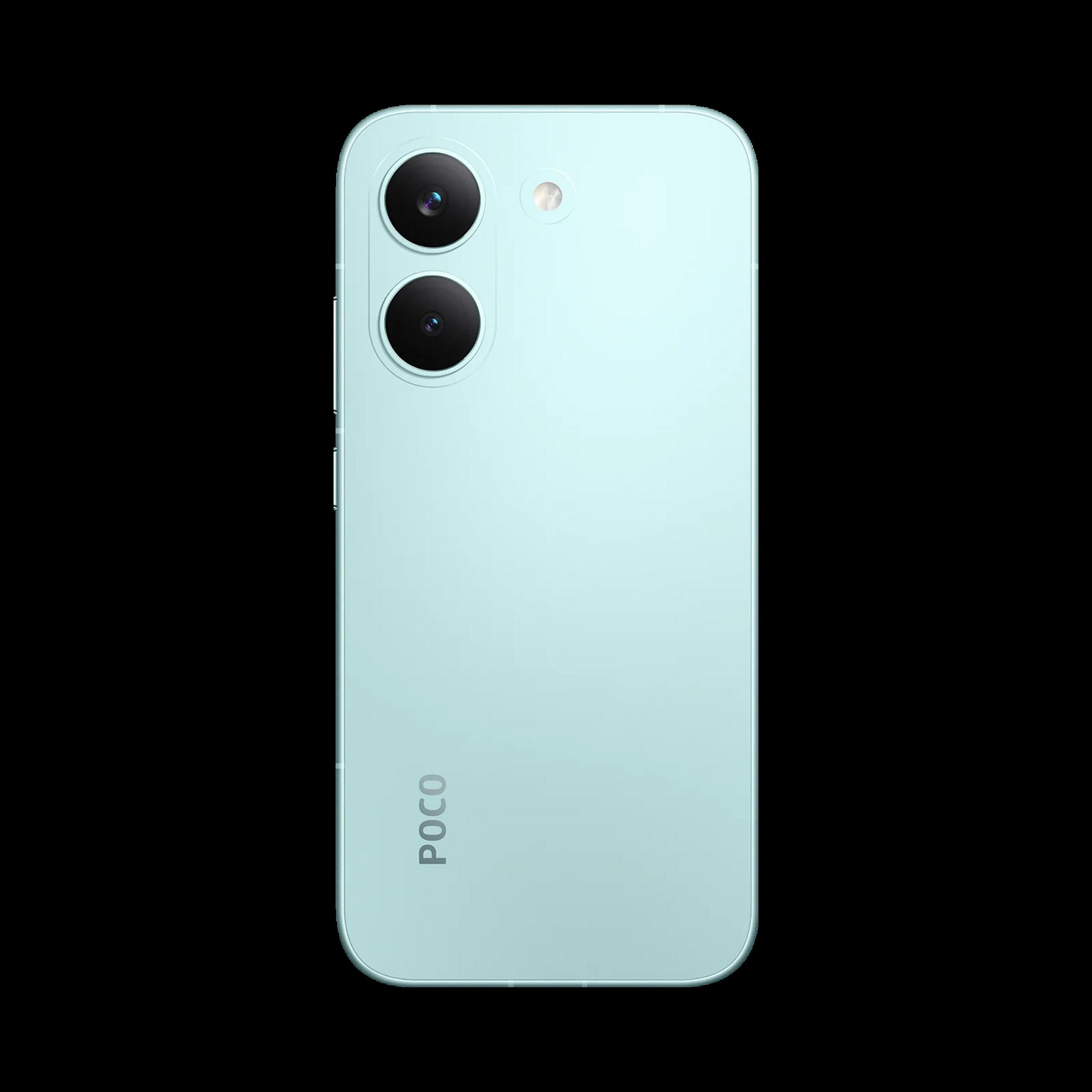 Rückseite eines hellblauen Smartphones mit zwei Kameras und 