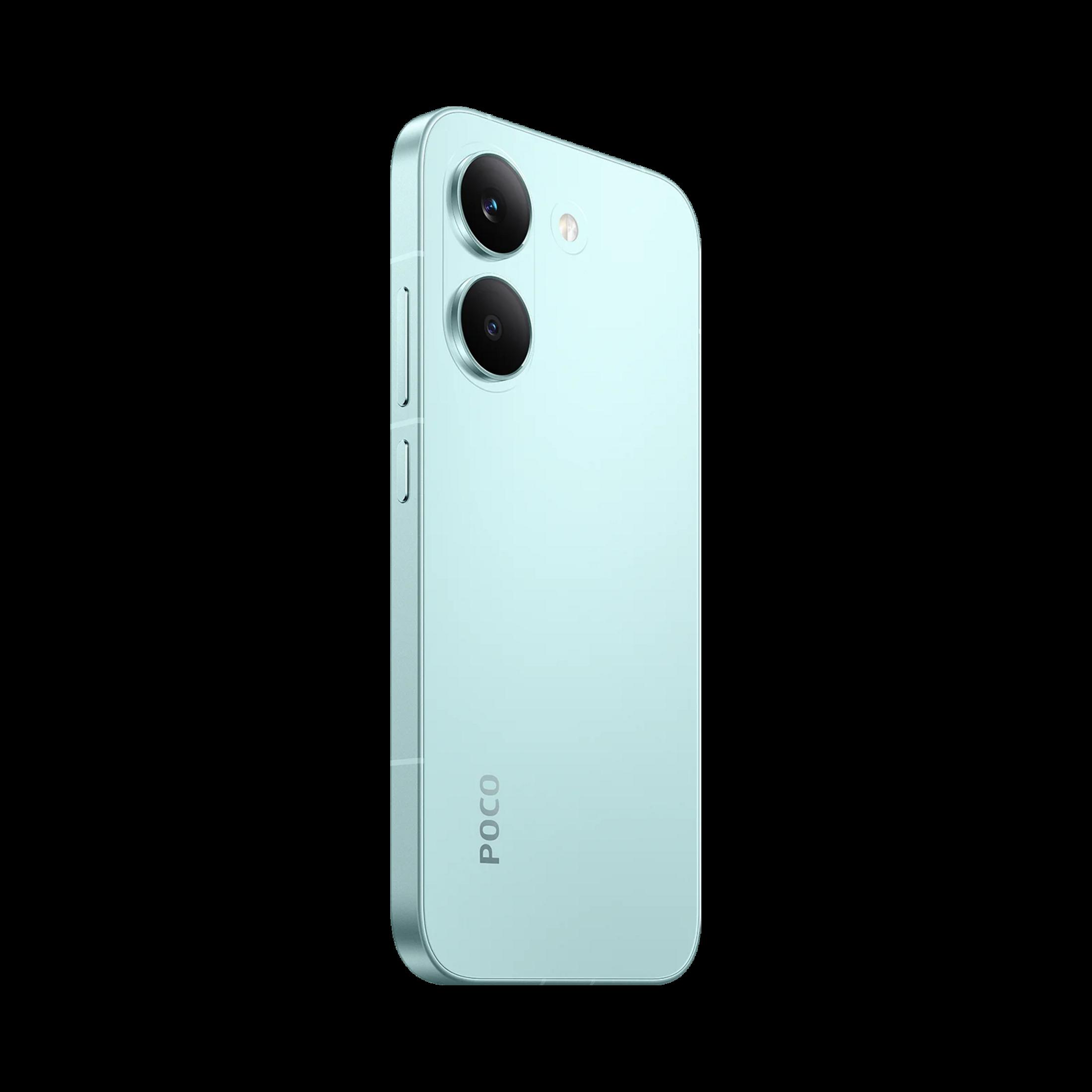 Ein hellblaues Smartphone mit zwei Kameras auf der Rückseite.