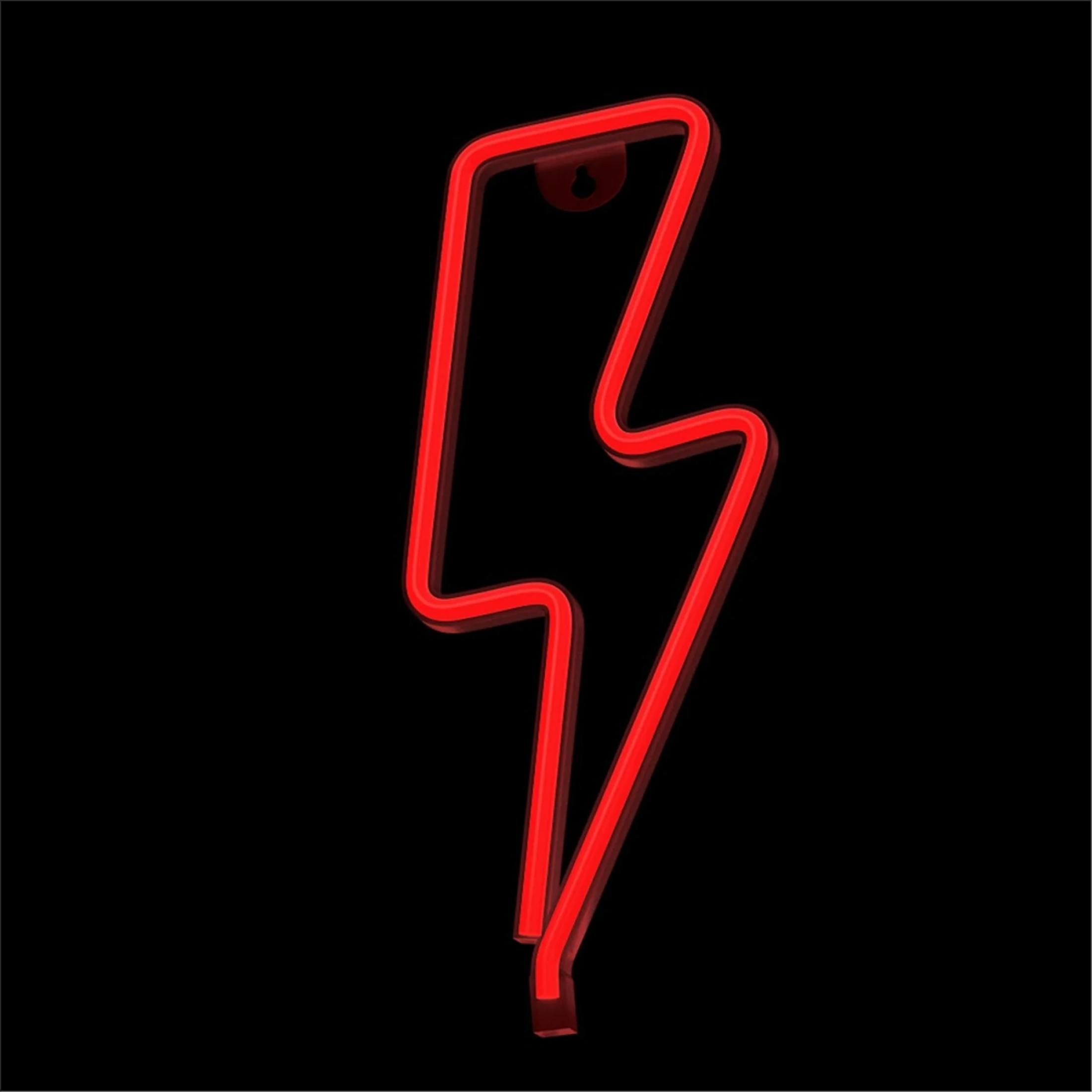 Ein rotes Blitz-Neonlicht hängt an einer schwarzen Wand.