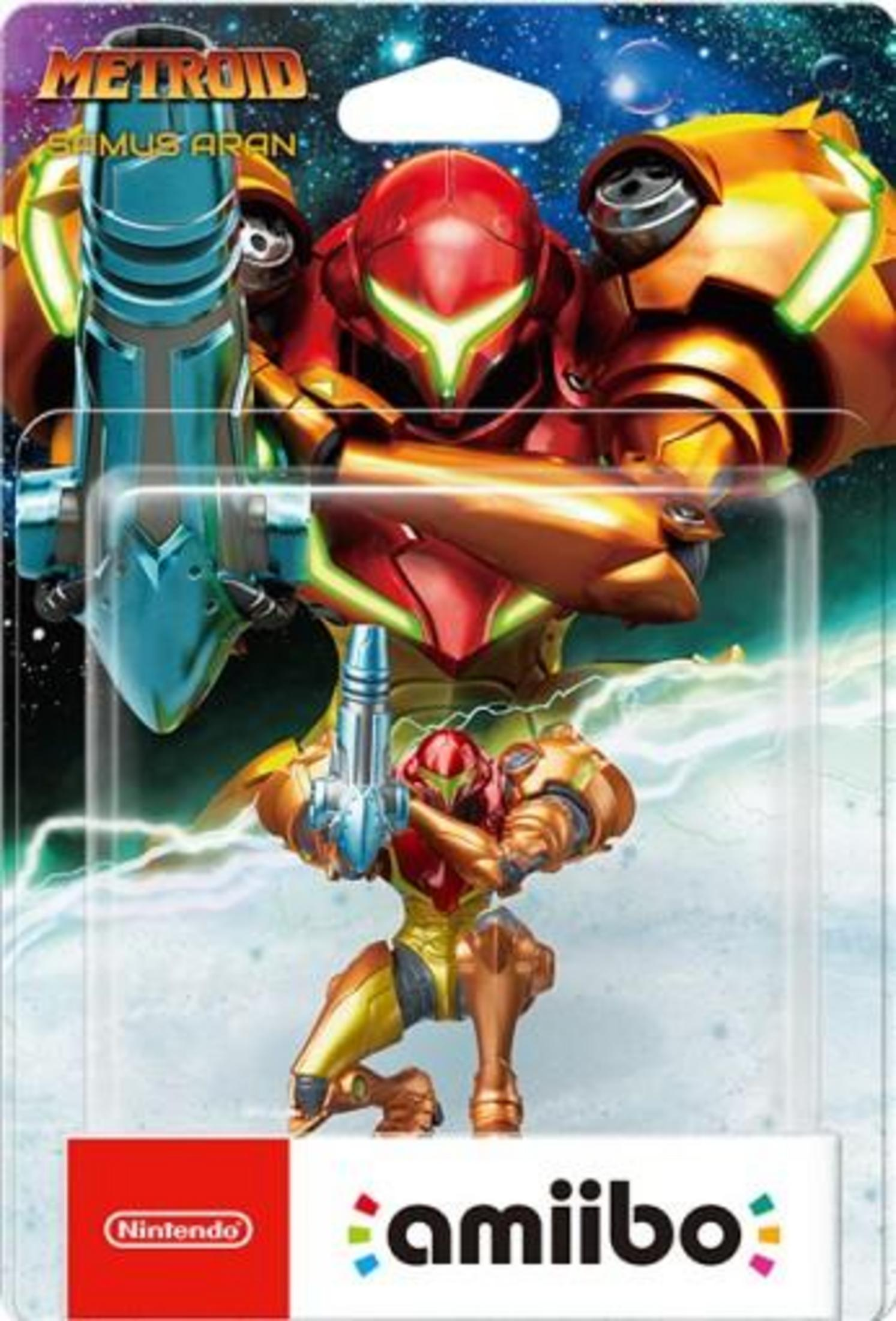 Emballage Amiibo Metroid Samus Aran avec figurine en armure.
