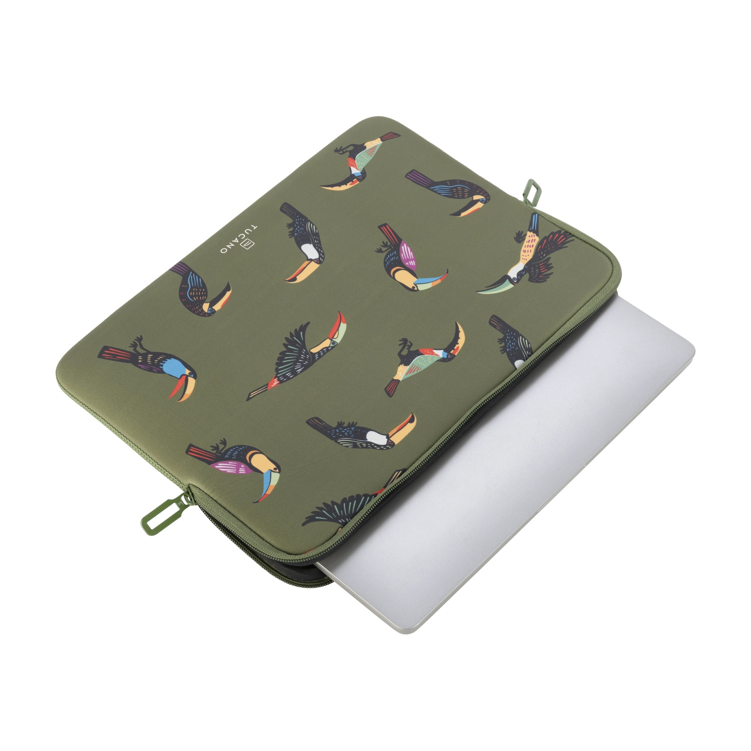 Custodia verde per laptop con tucani colorati e un laptop argentato.