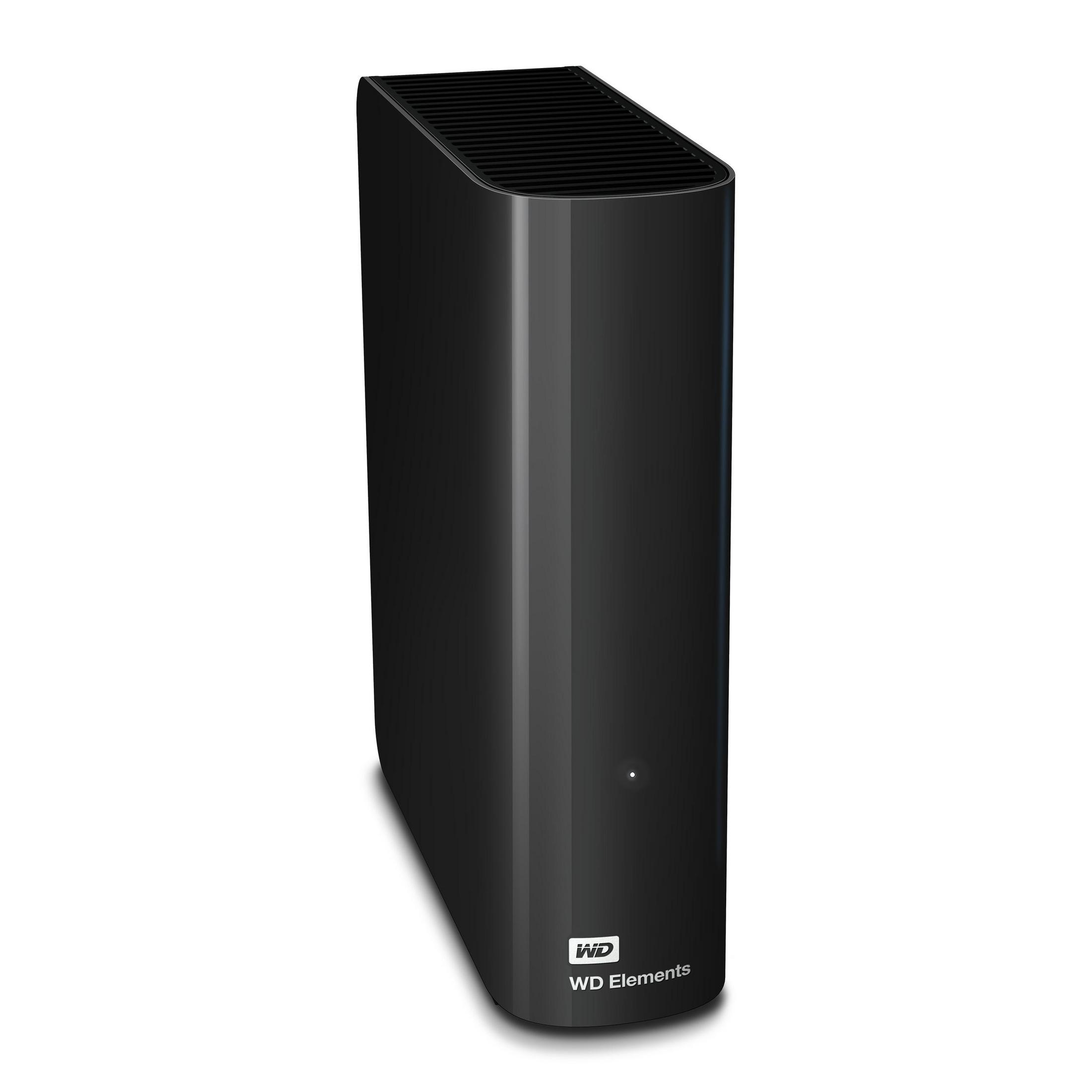 Schwarzer WD Elements Desktop-Festplattenspeicher mit Lüftungsschlitzen oben.