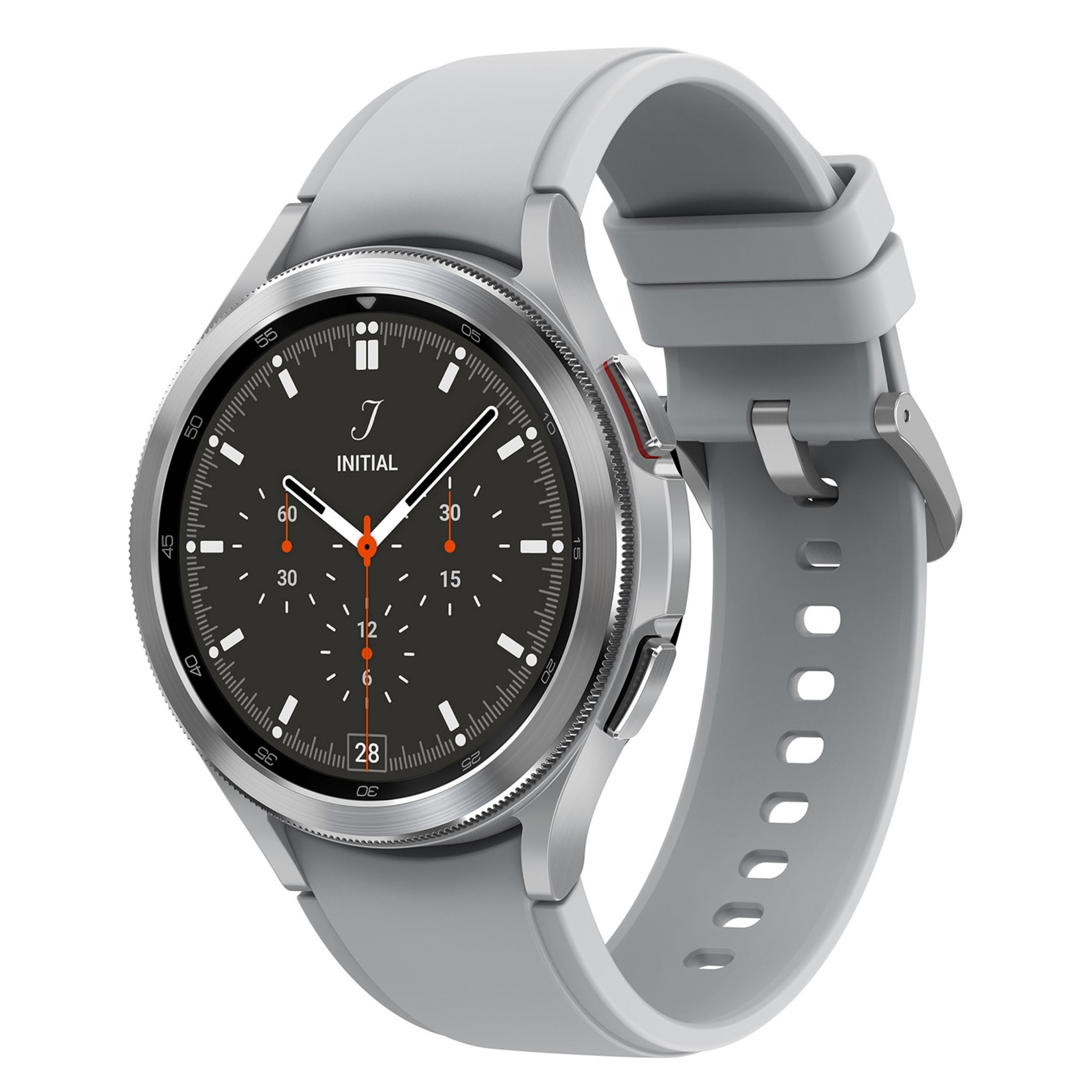 Uno smartwatch grigio con quadrante nero e cassa argentata.