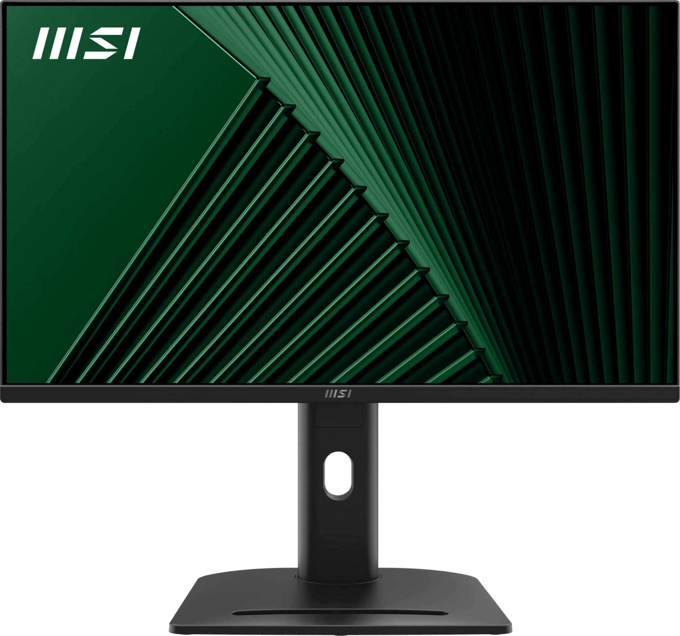 MSI monitor met zwarte standaard en donkergroene abstracte achtergrond.