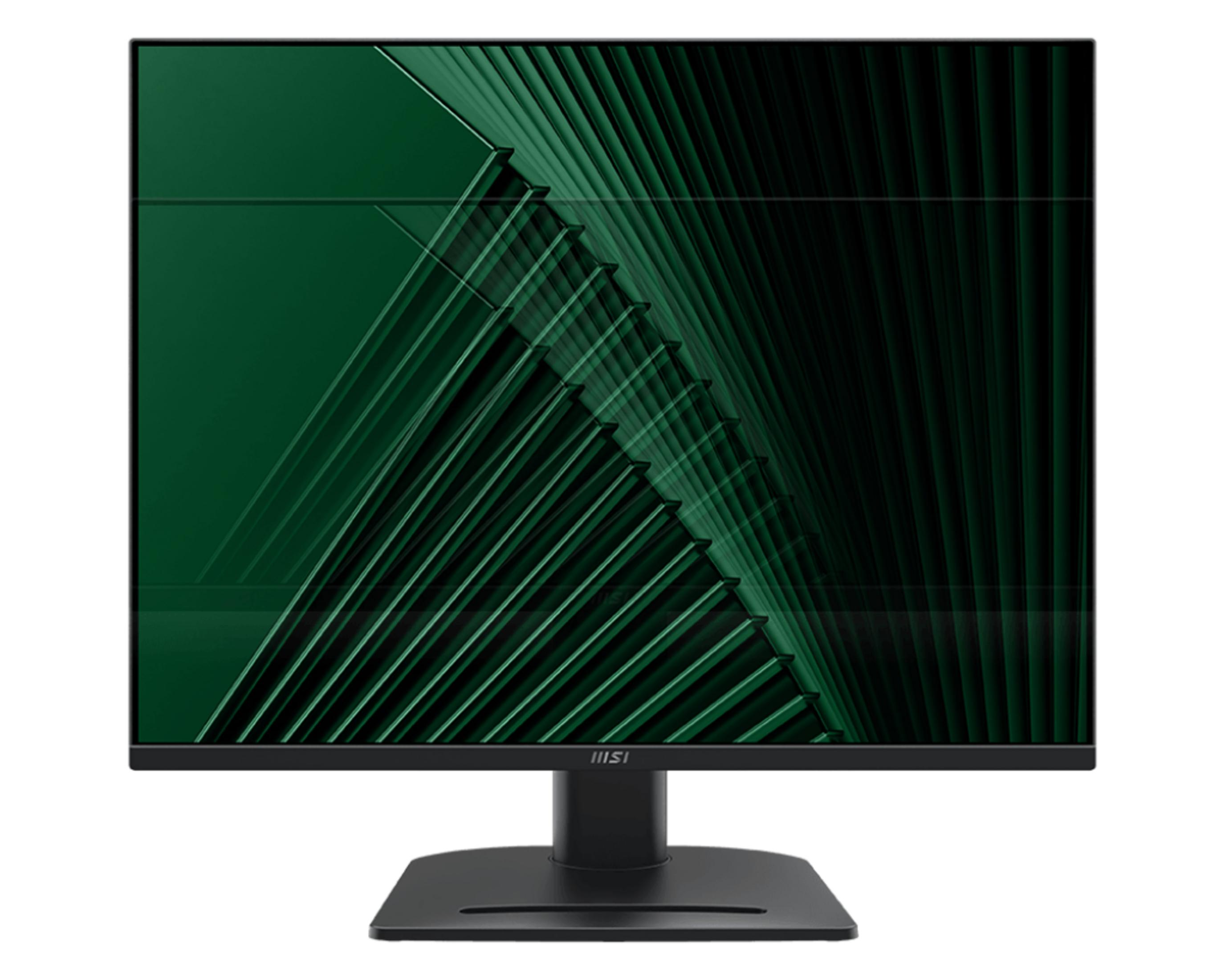 Een zwarte monitor met een groen abstract achtergrondpatroon.