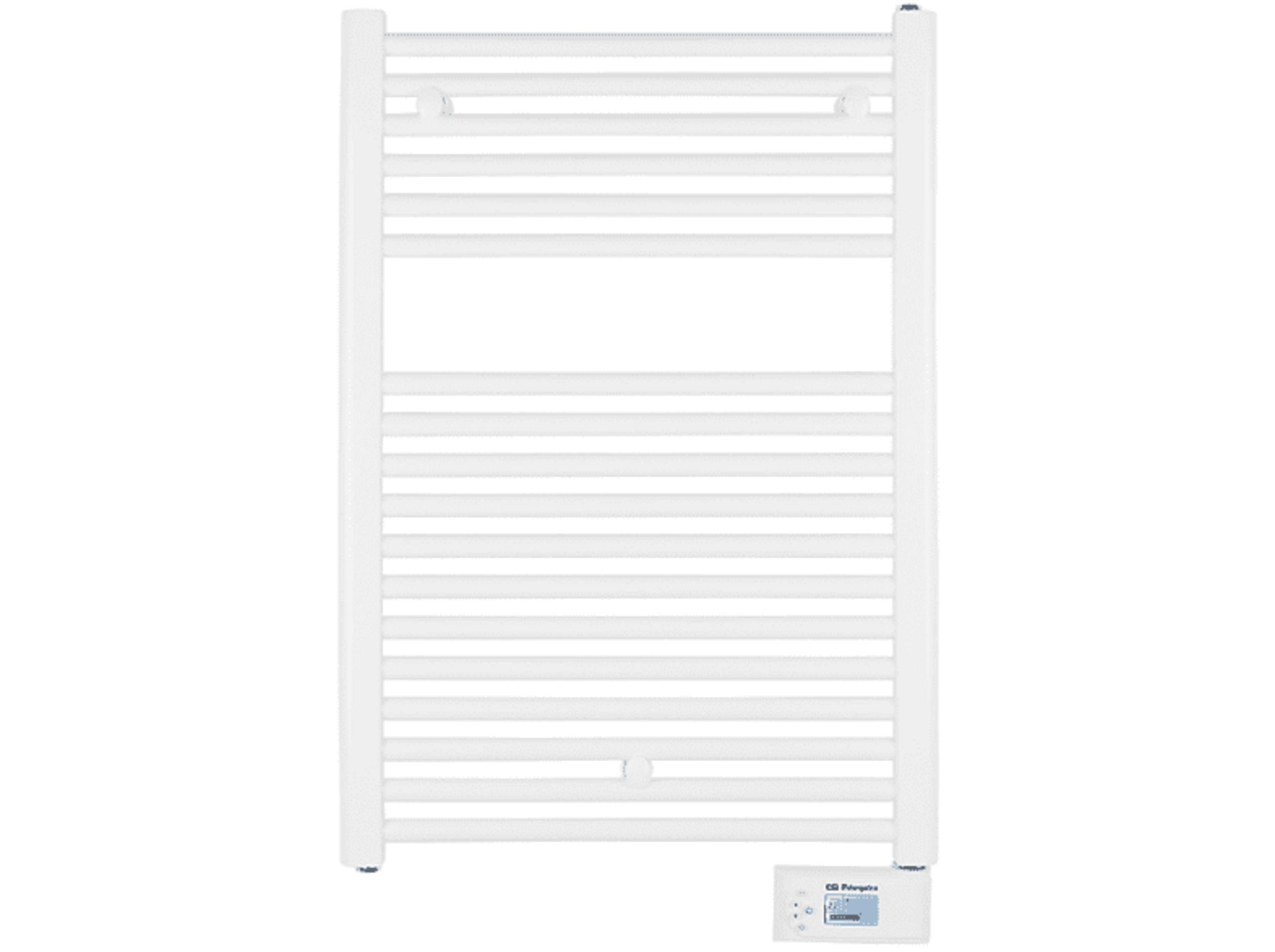 Un scalda salviette bianco con molte barre orizzontali e un display digitale in basso.