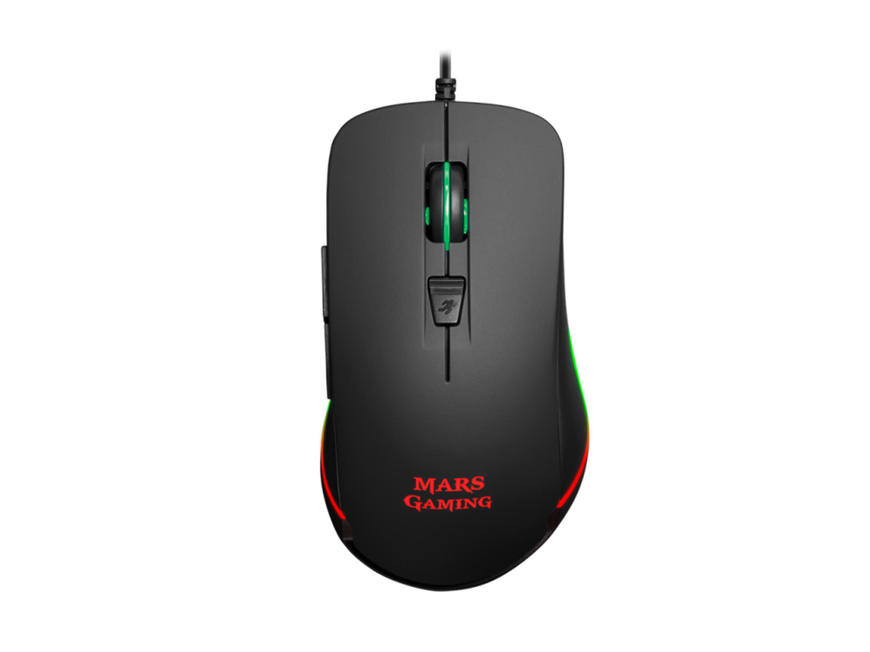Mouse da gaming nero con logo rosso e illuminazione verde.