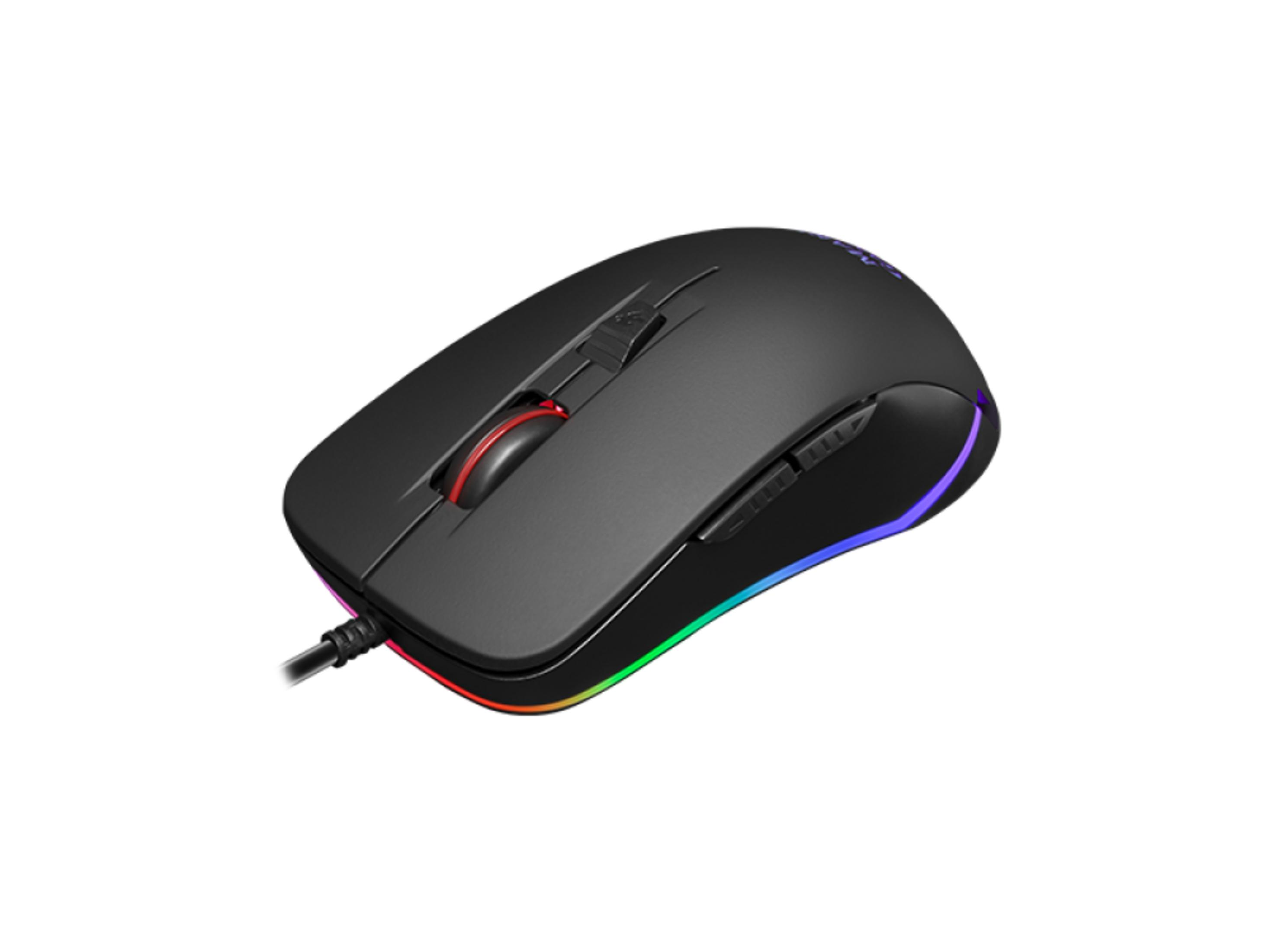 Mouse da gaming nero con illuminazione RGB e rotellina.