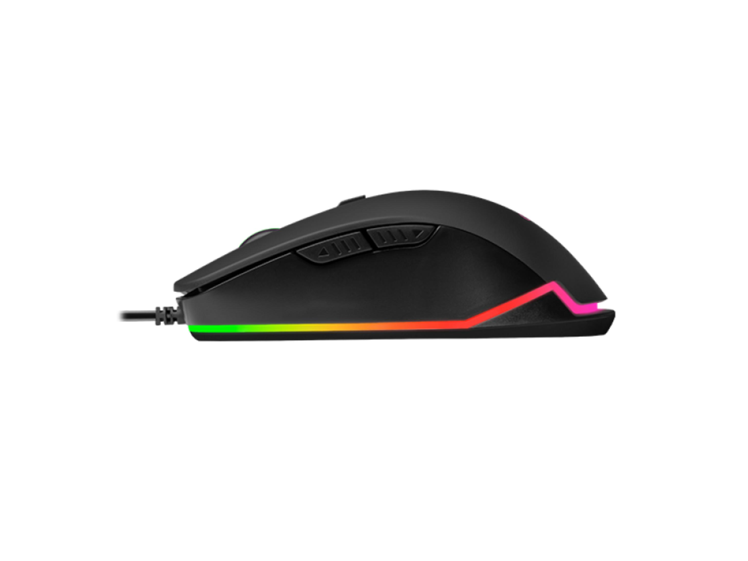 Mouse da gaming nero con illuminazione RGB e cavo su sfondo bianco.