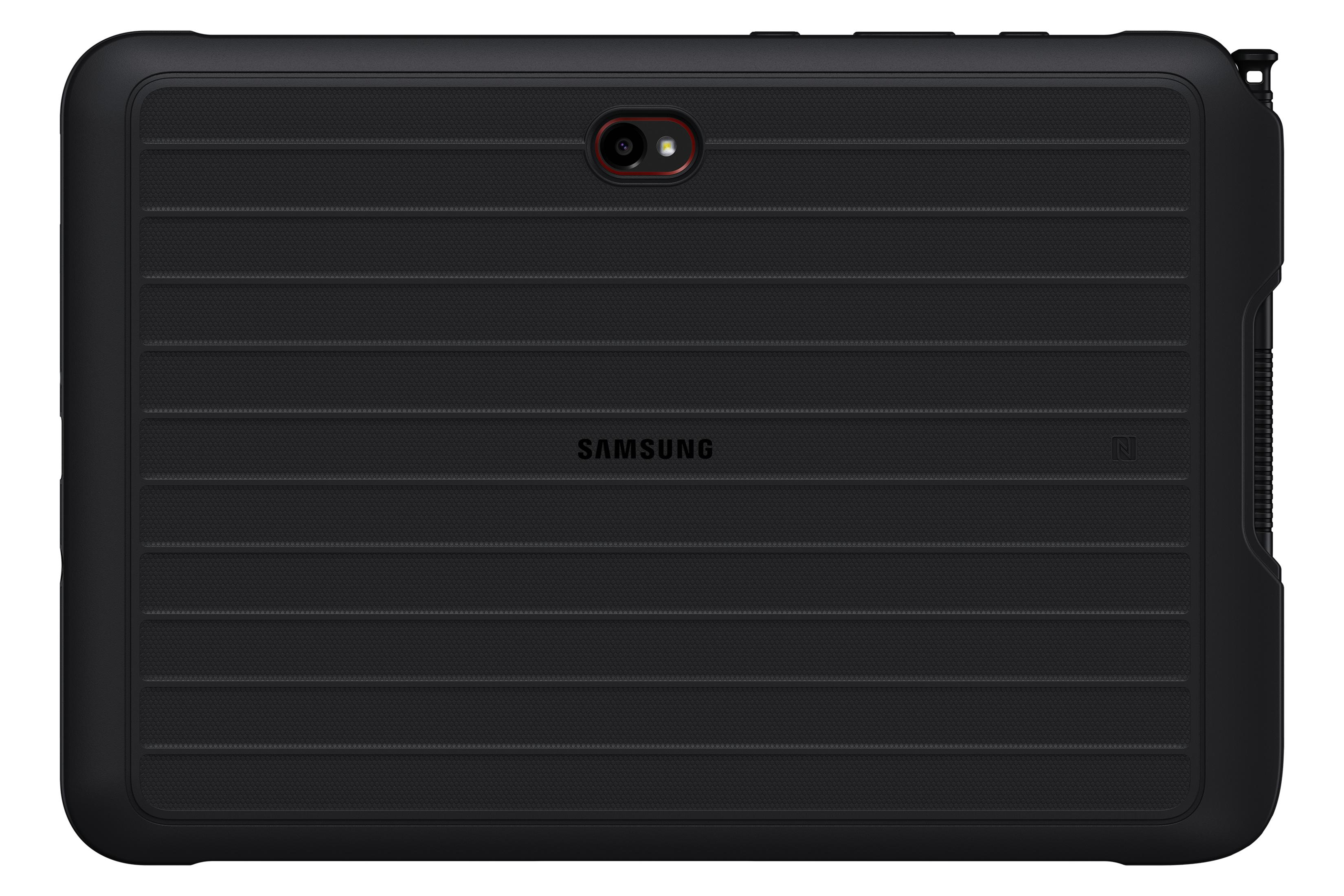 Retro di un tablet Samsung nero con design scanalato e fotocamera.