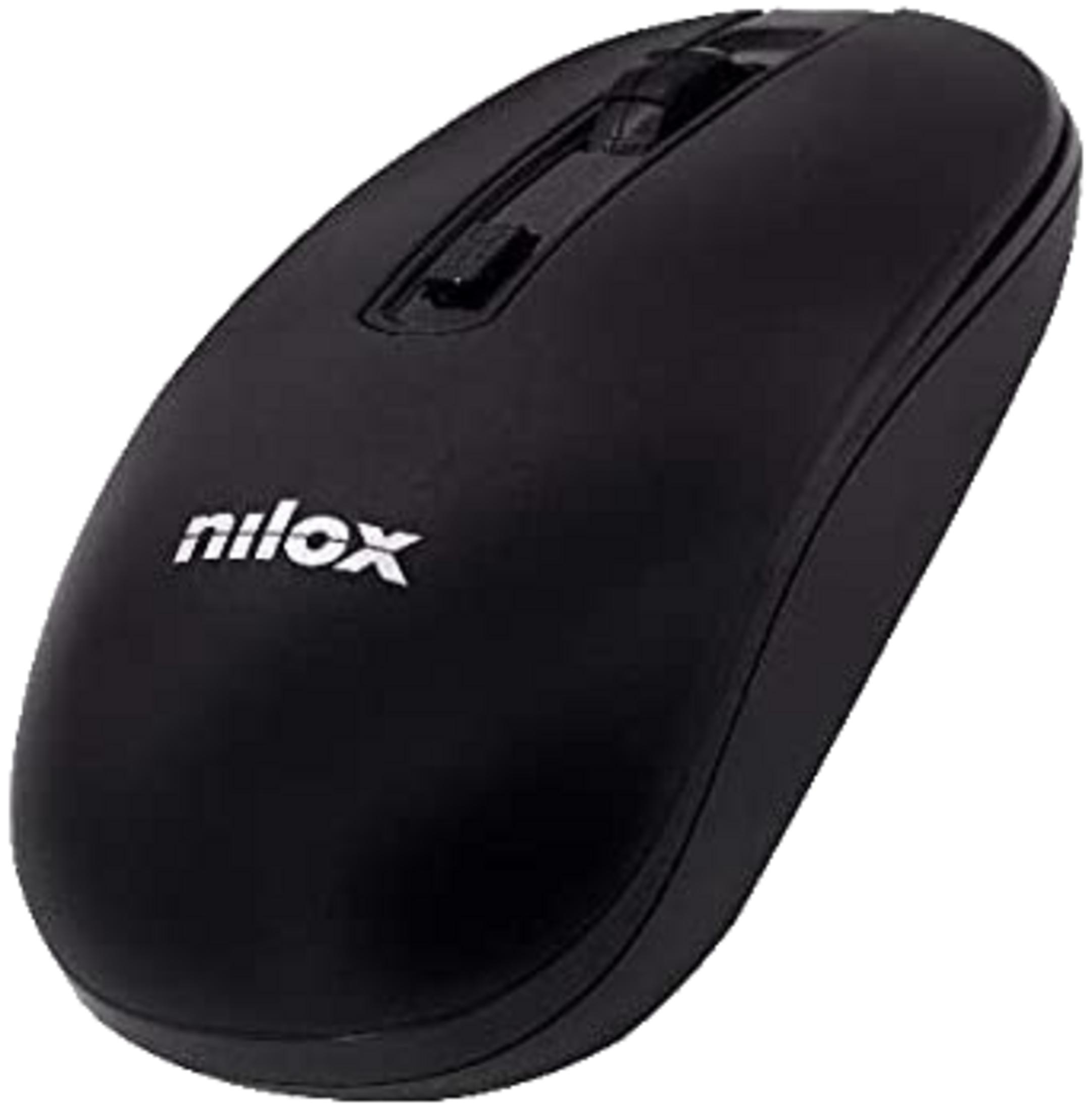 Mouse Nilox nero con rotellina e due pulsanti su sfondo bianco.