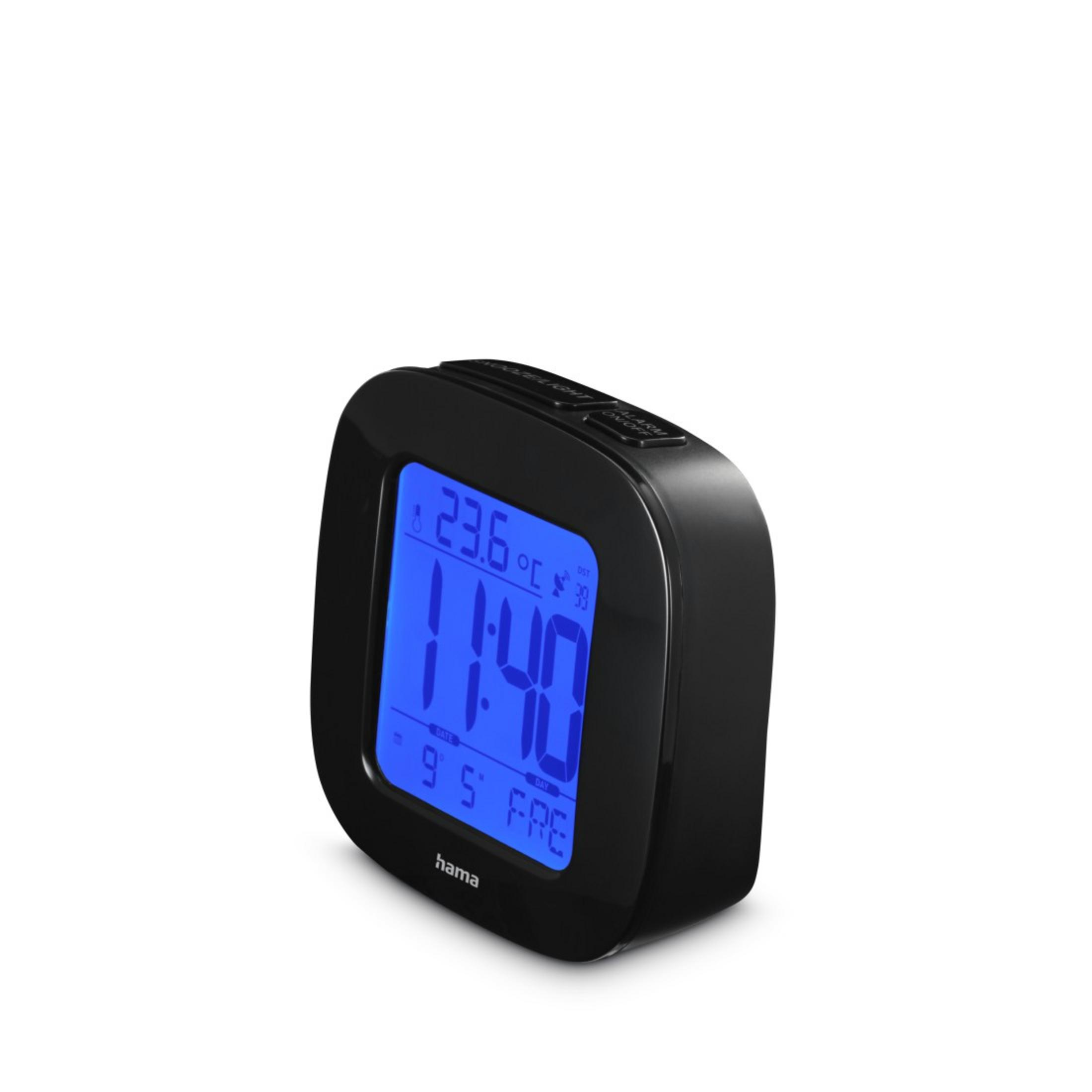 Una sveglia digitale Hama nera mostra 23.6C, 11:40 e la data venerdì 9/5.