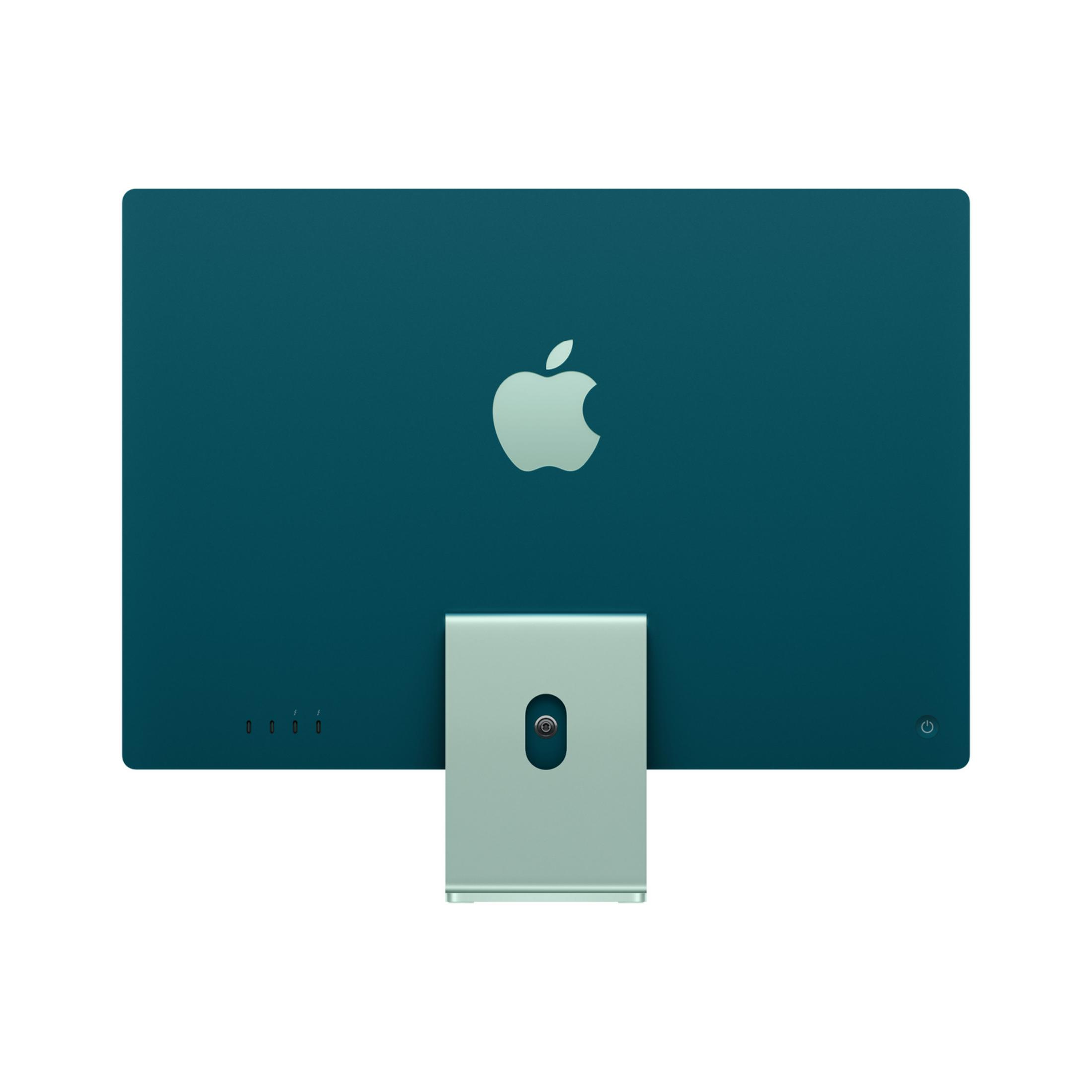 Reverso de un iMac verde azulado con logo de Apple y soporte.