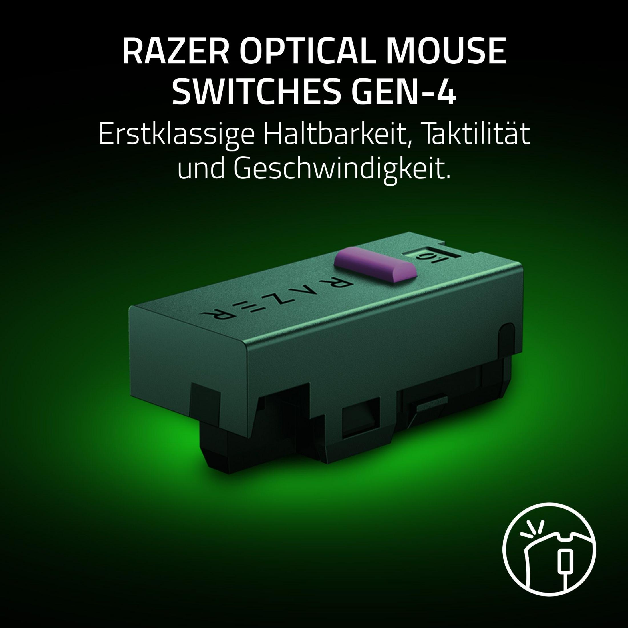 Interruttore ottico per mouse Razer Gen-4 con attuatore viola, sfondo verde scuro.