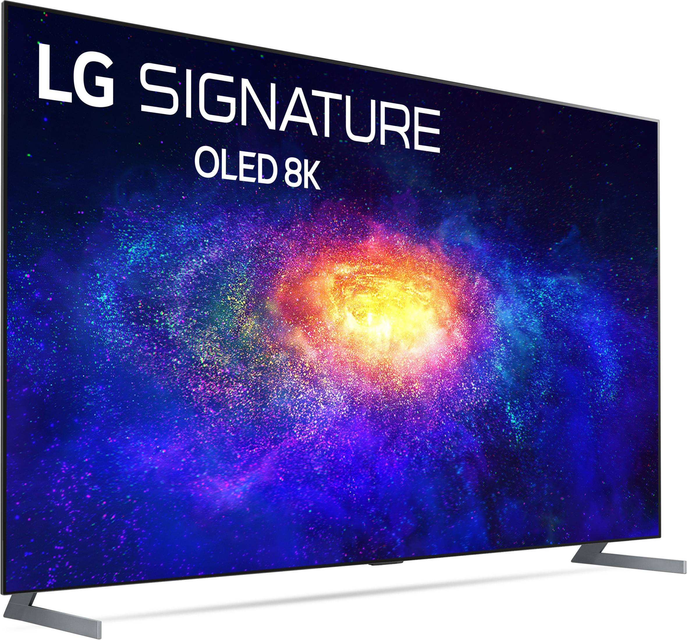 TV LG Signature OLED 8K con sfondo di nebulosa cosmica.