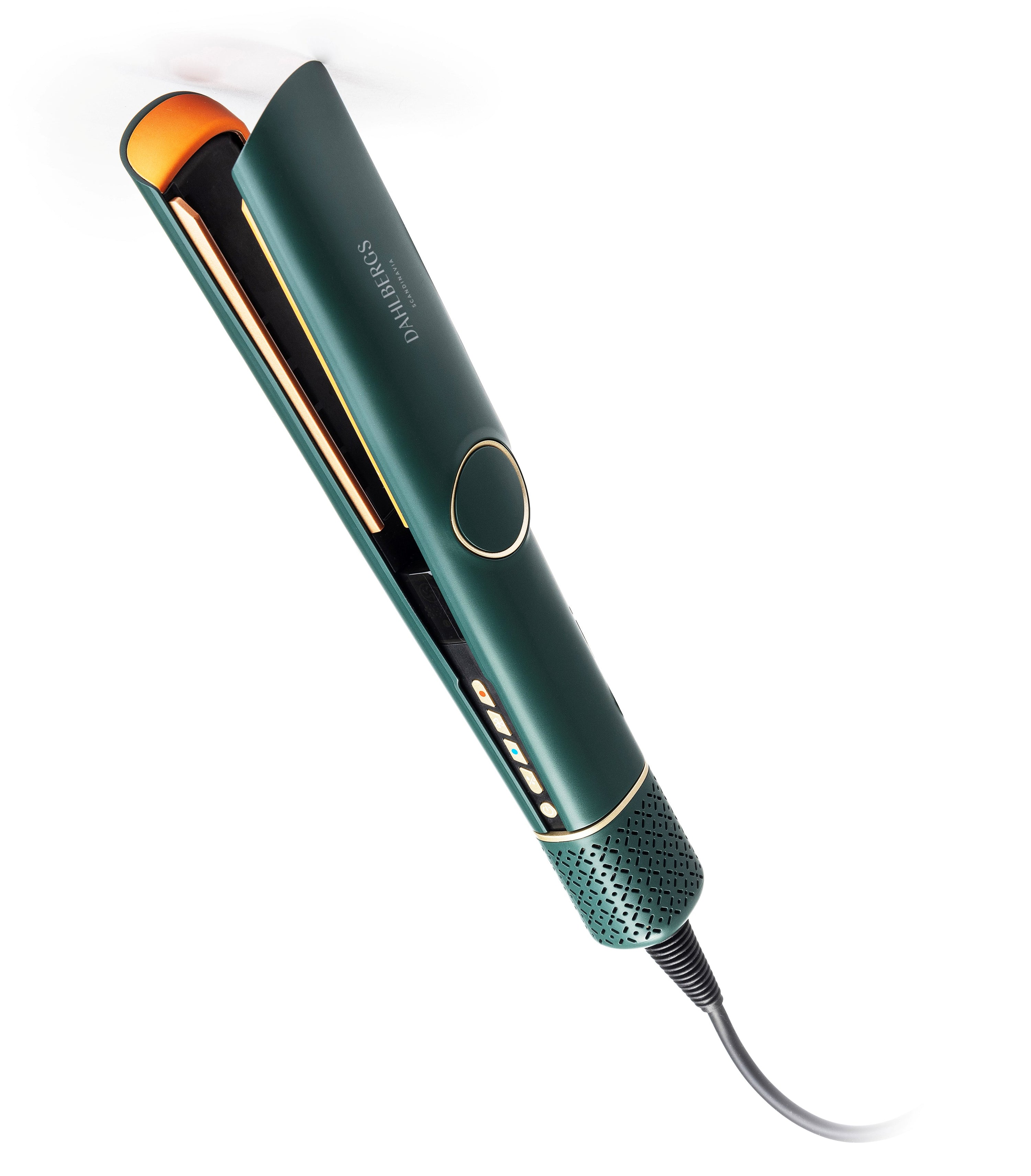 Una plancha de pelo verde oscuro con detalles dorados y interior naranja.