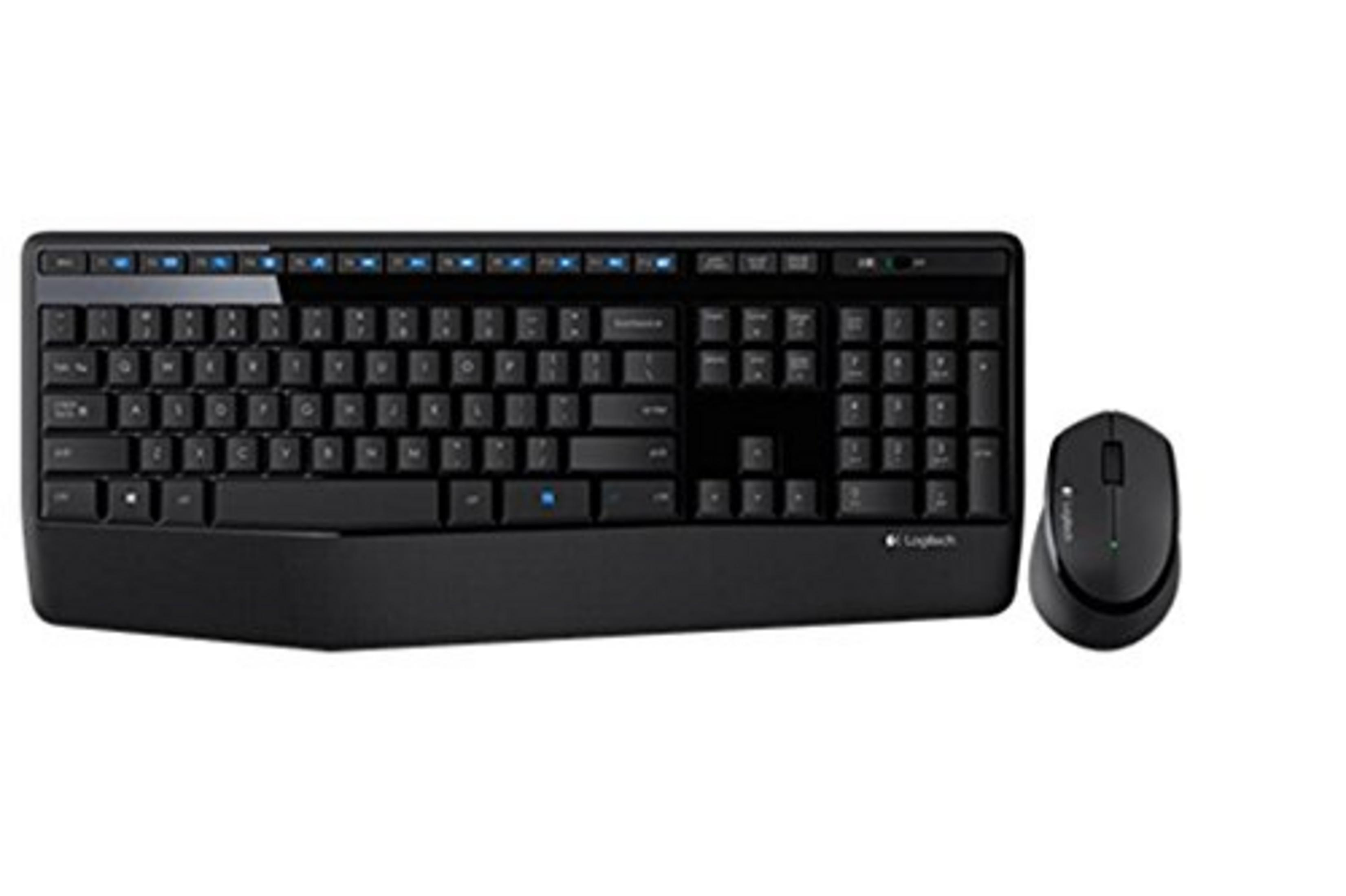 Tastiera e mouse Logitech neri su sfondo bianco.