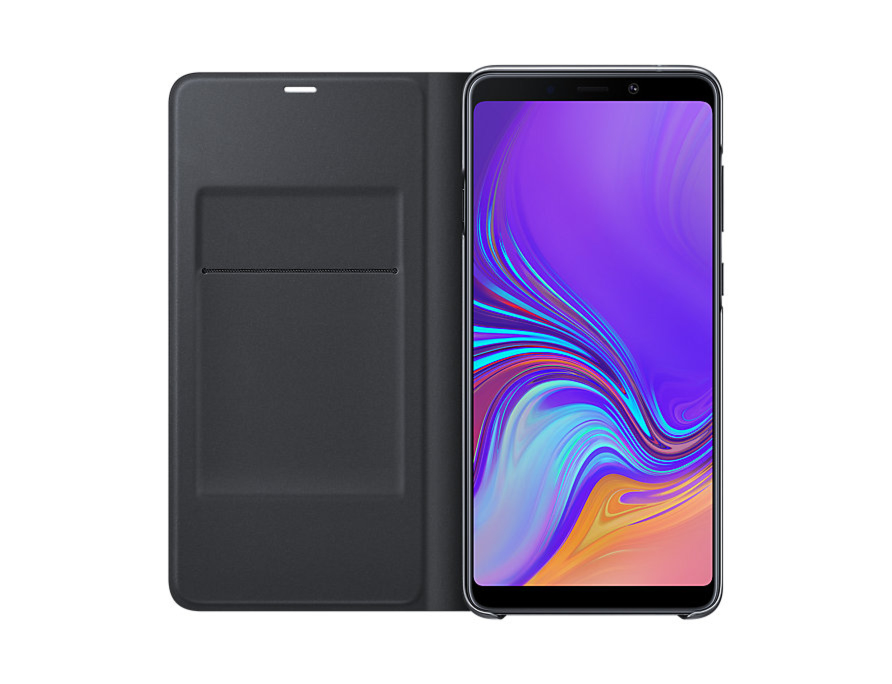 Uno smartphone nero con cover aperta, che mostra uno sfondo viola e blu.