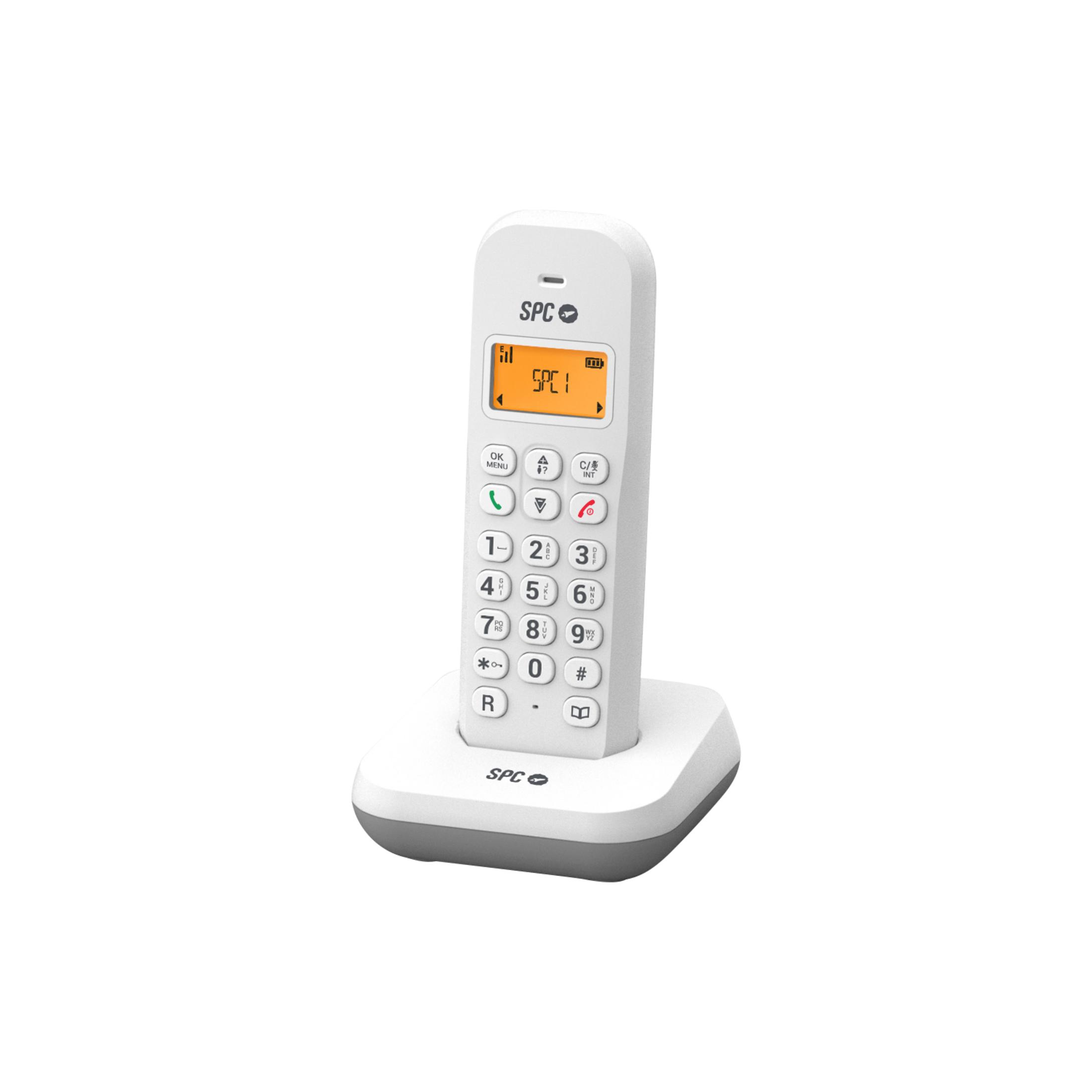 Un teléfono inalámbrico blanco con pantalla naranja está sobre una base de carga.