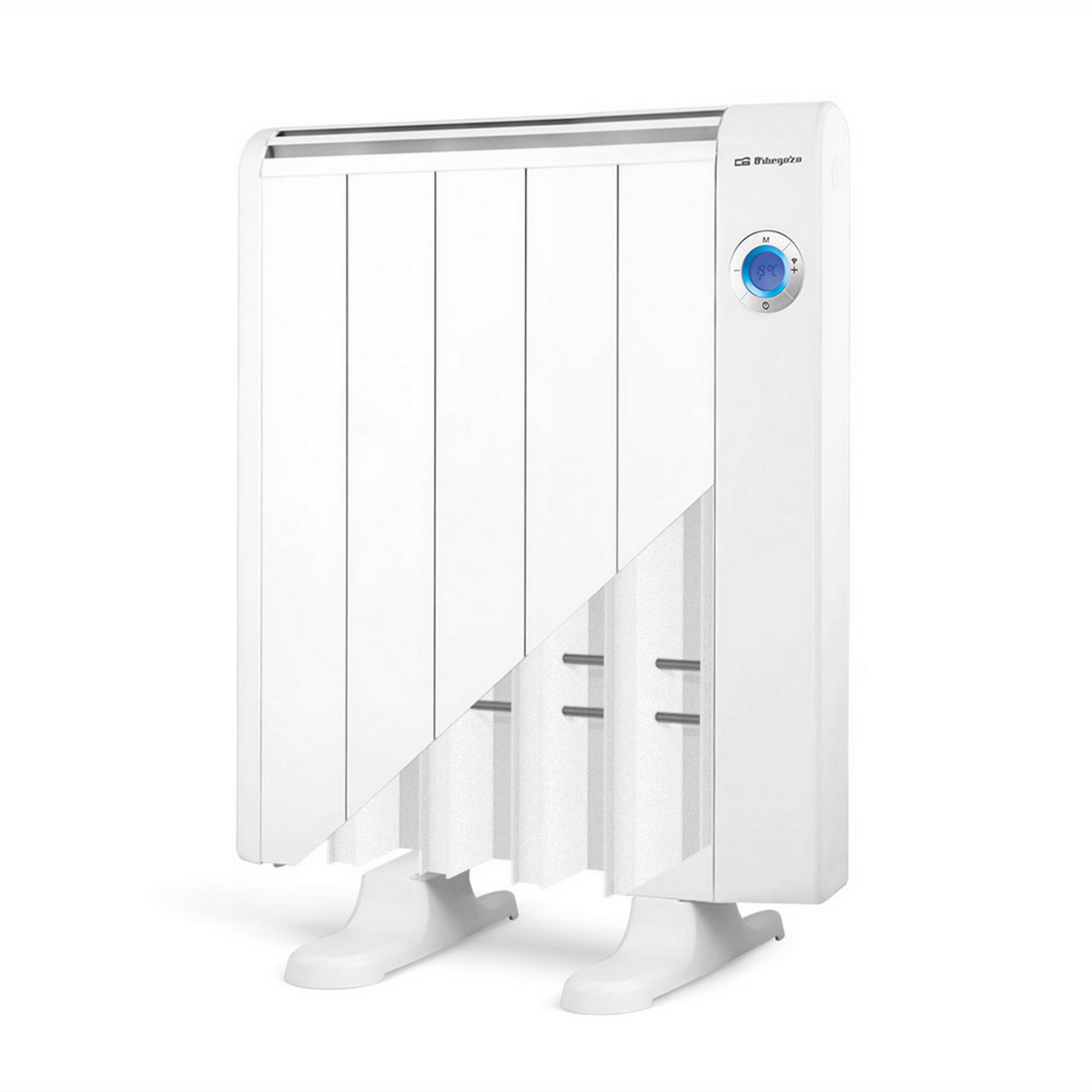 Un radiador eléctrico blanco con termostato digital y patas.