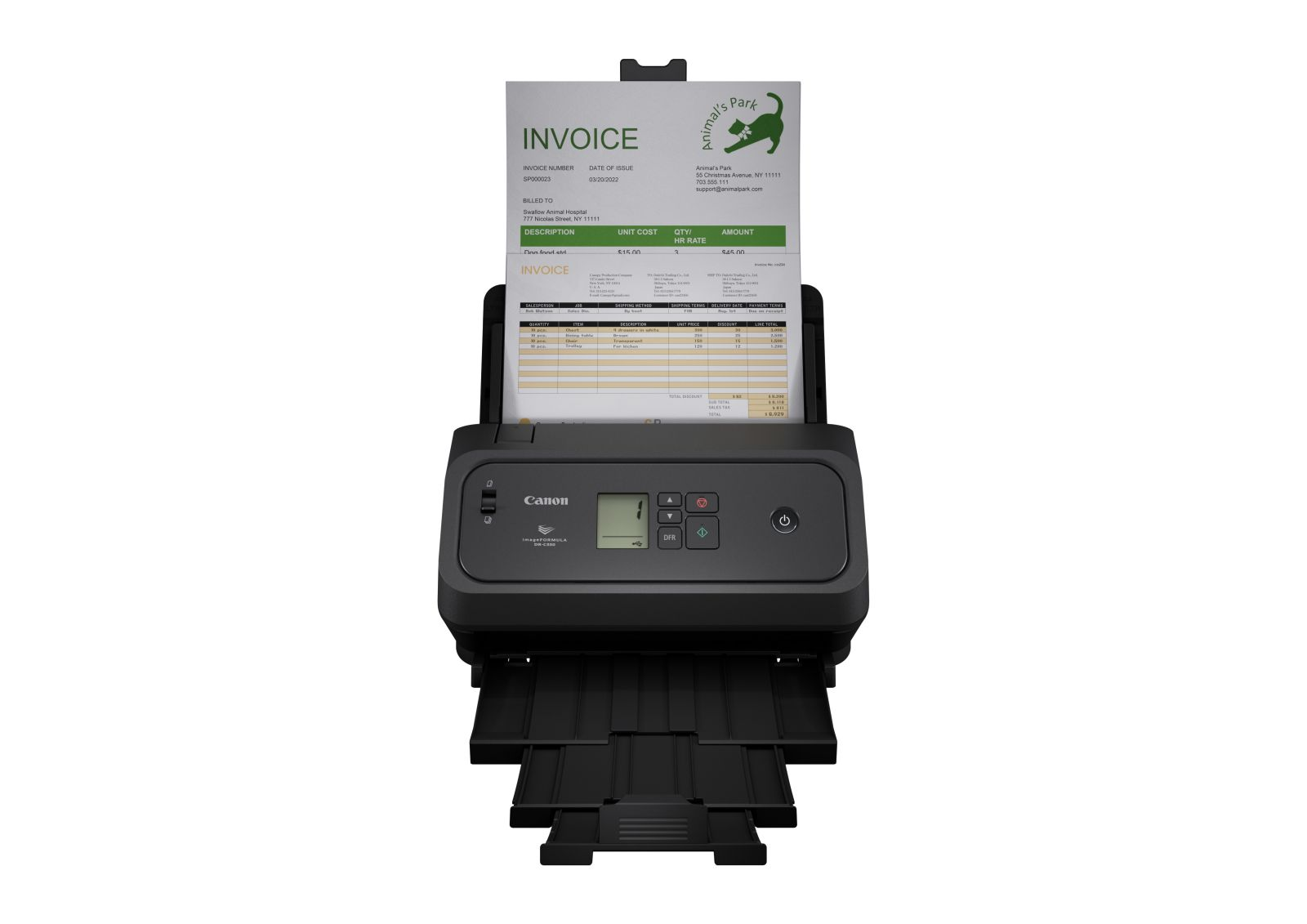 Uno scanner di documenti Canon scansiona una fattura con il logo 'Animal's Park'.