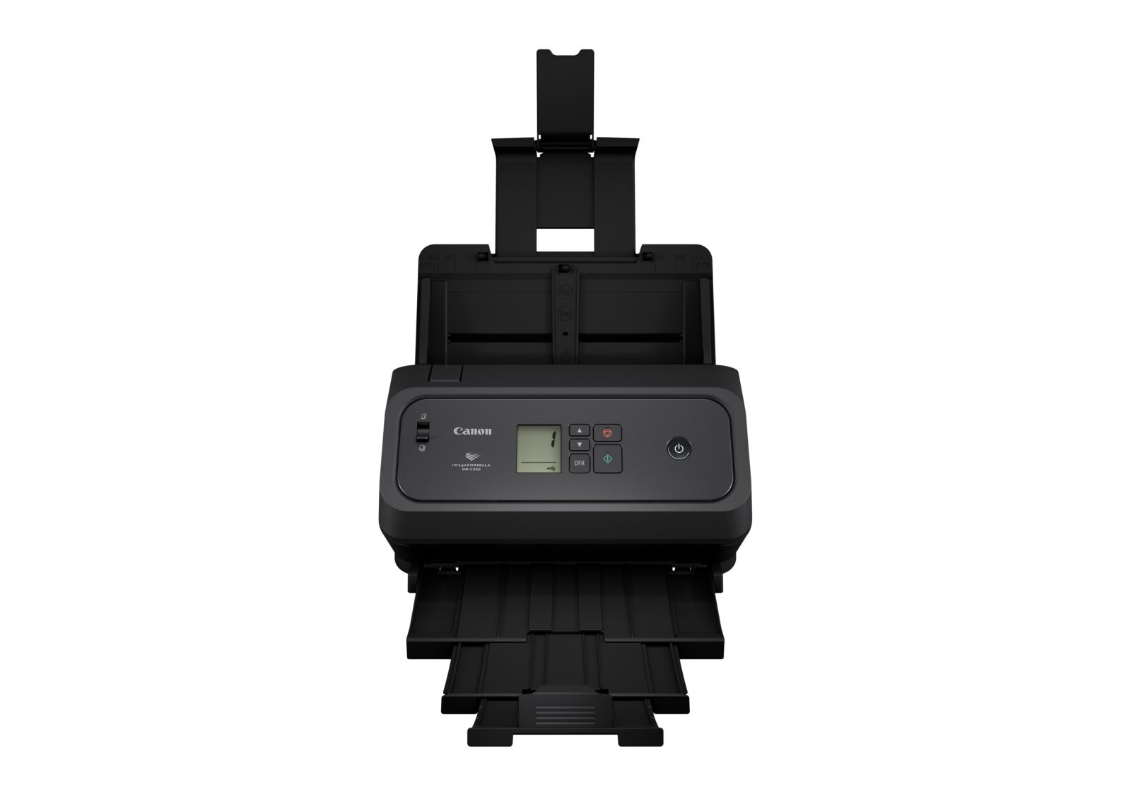 Uno scanner Canon nero con vassoio alimentatore documenti e vassoio di uscita estesi.