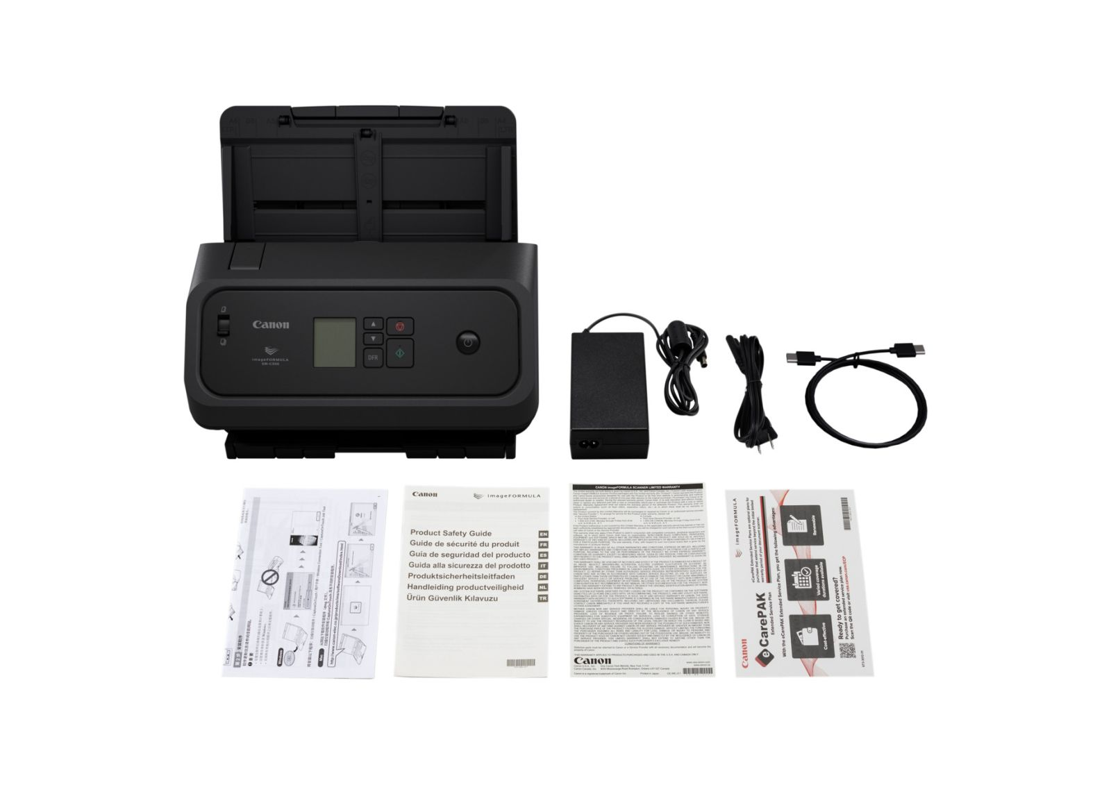 Uno scanner Canon nero con accessori: alimentatore, cavi e manuali.