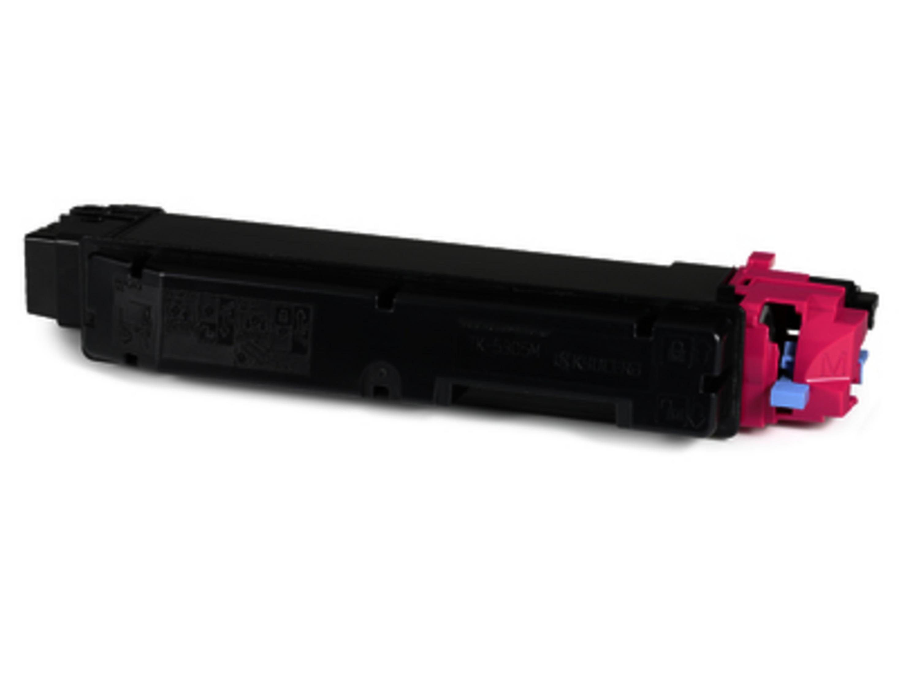 Zwarte tonercartridge met roze en blauwe eindkappen.
