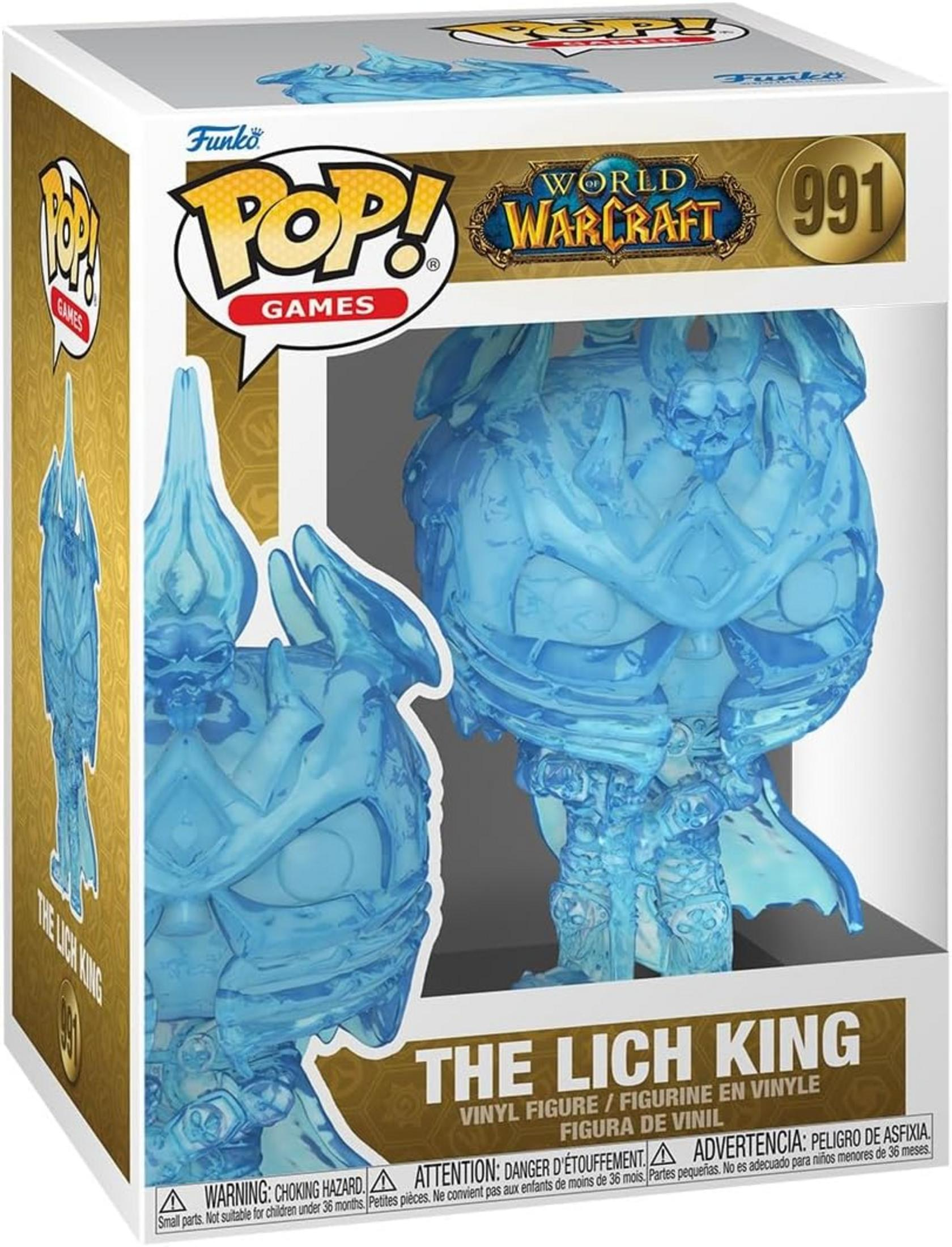 Figura Funko Pop azul del Rey Helado en su caja, World of Warcraft.
