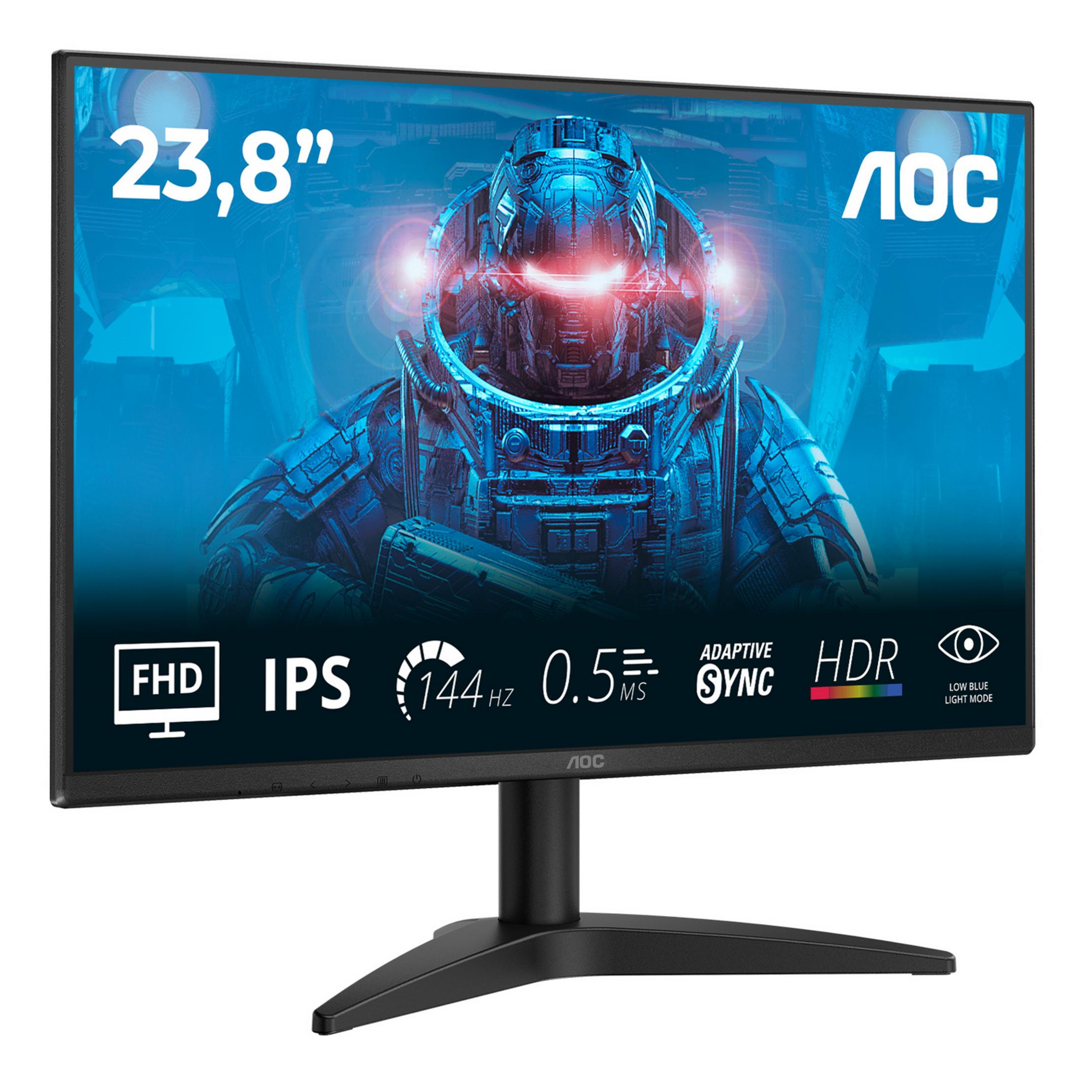 Monitor AOC 23,8 cala z niebieskim, robotycznym obrazem tła.