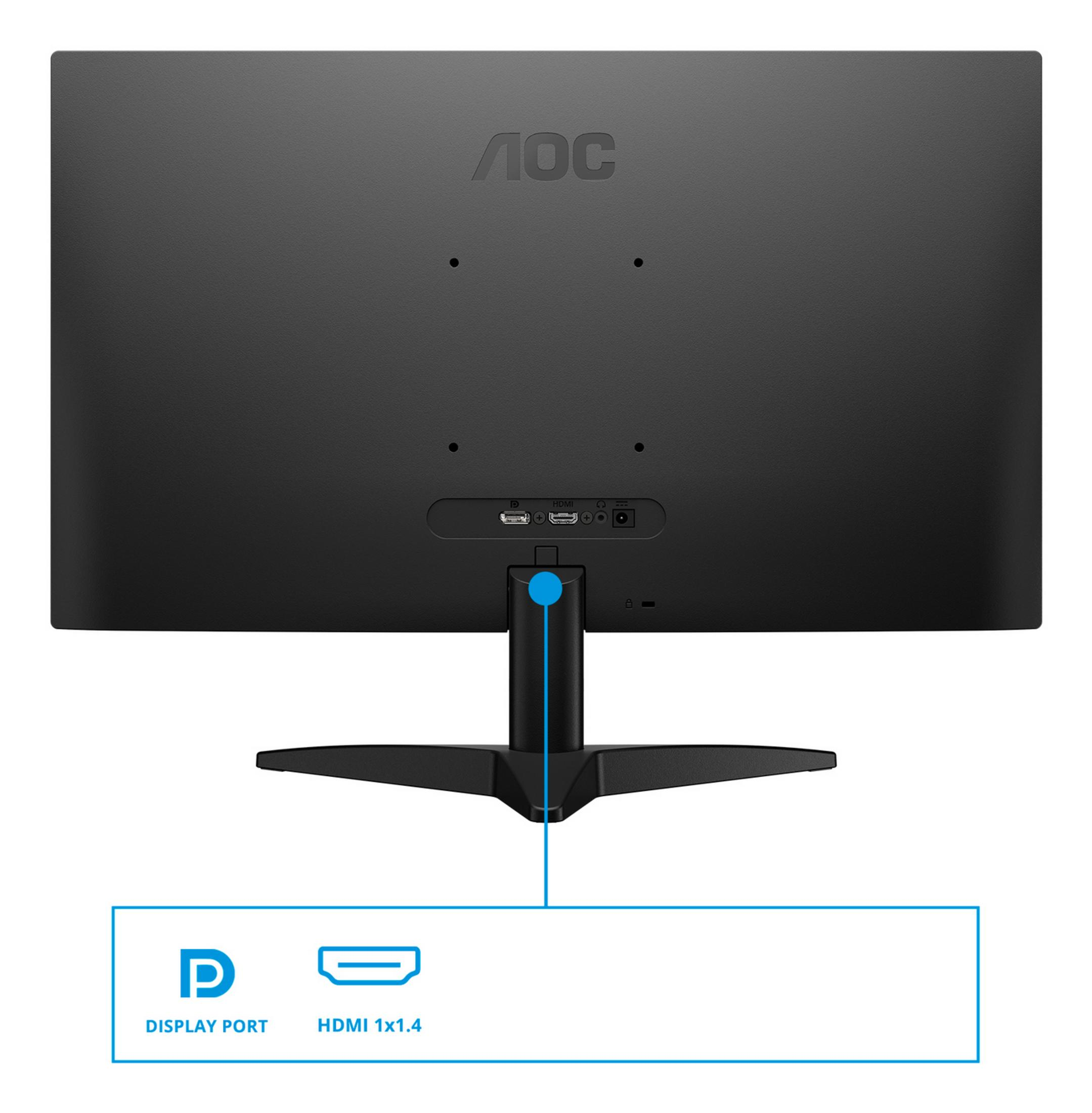 Tył czarnego monitora AOC z portami i podstawą.