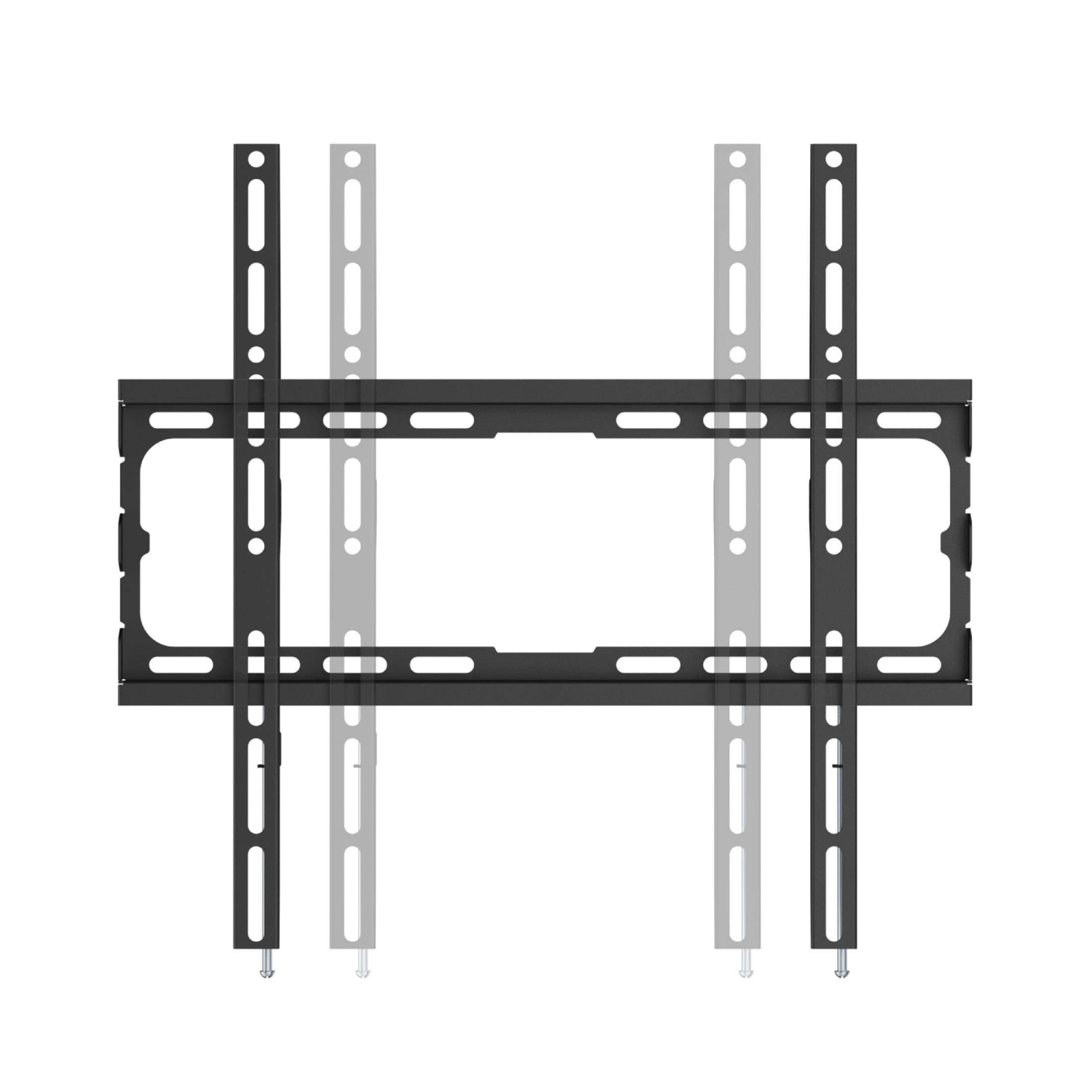 Un soporte de pared para TV negro con rieles y tornillos ajustables sobre fondo blanco.
