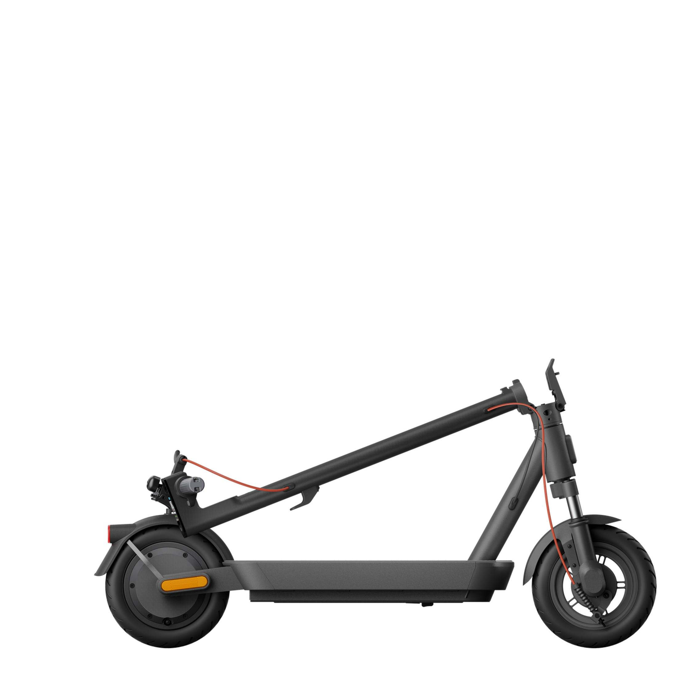 Uno scooter elettrico nero con accenti rossi, visto di lato.