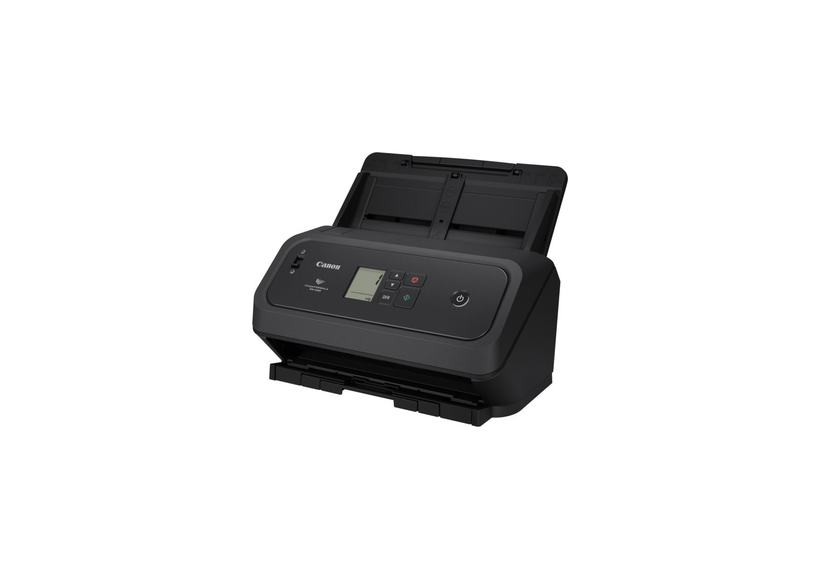 Uno scanner di documenti Canon nero con coperchio aperto e pulsanti di controllo.
