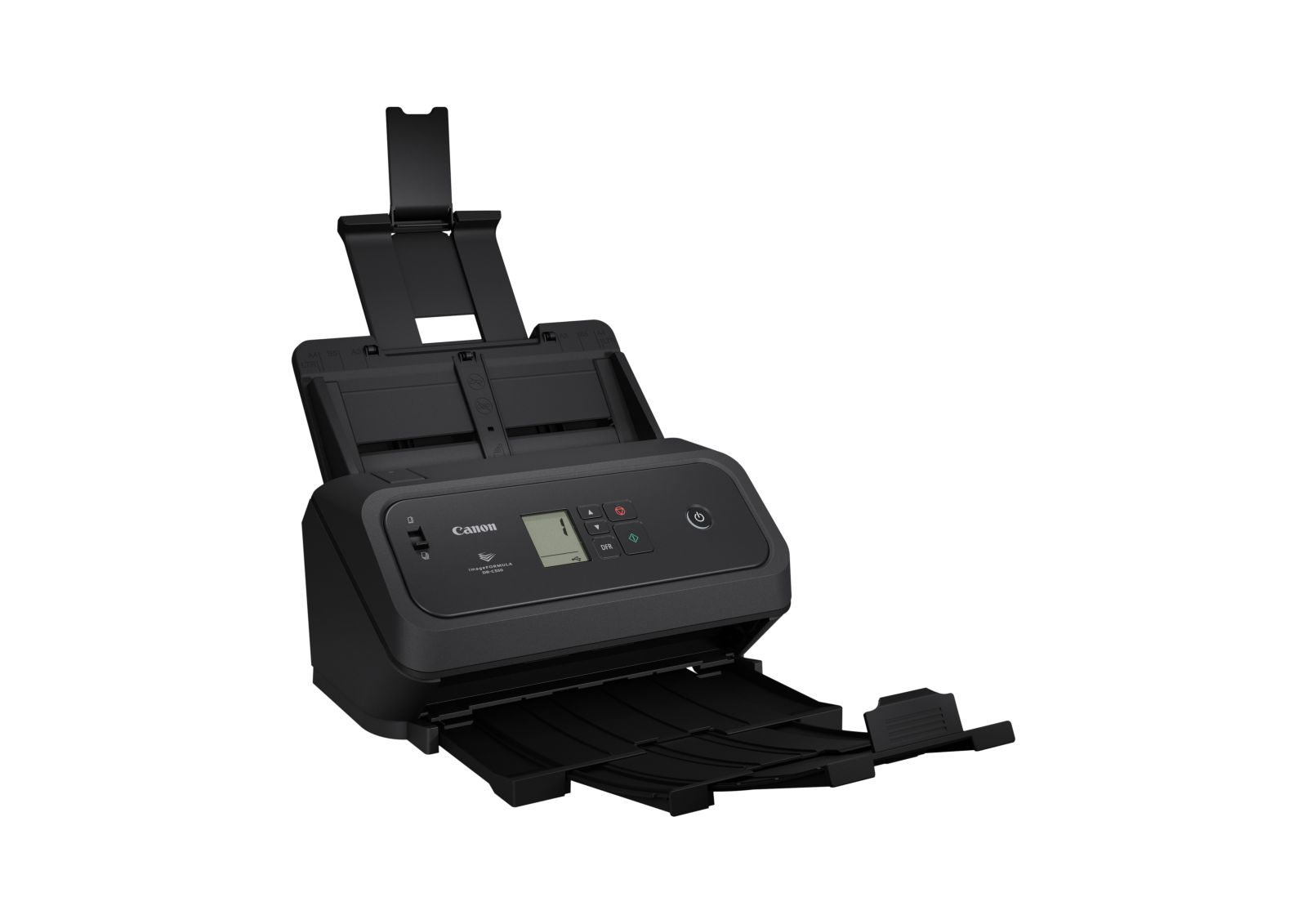 Uno scanner documenti Canon nero con vassoio di alimentazione e uscita aperti.