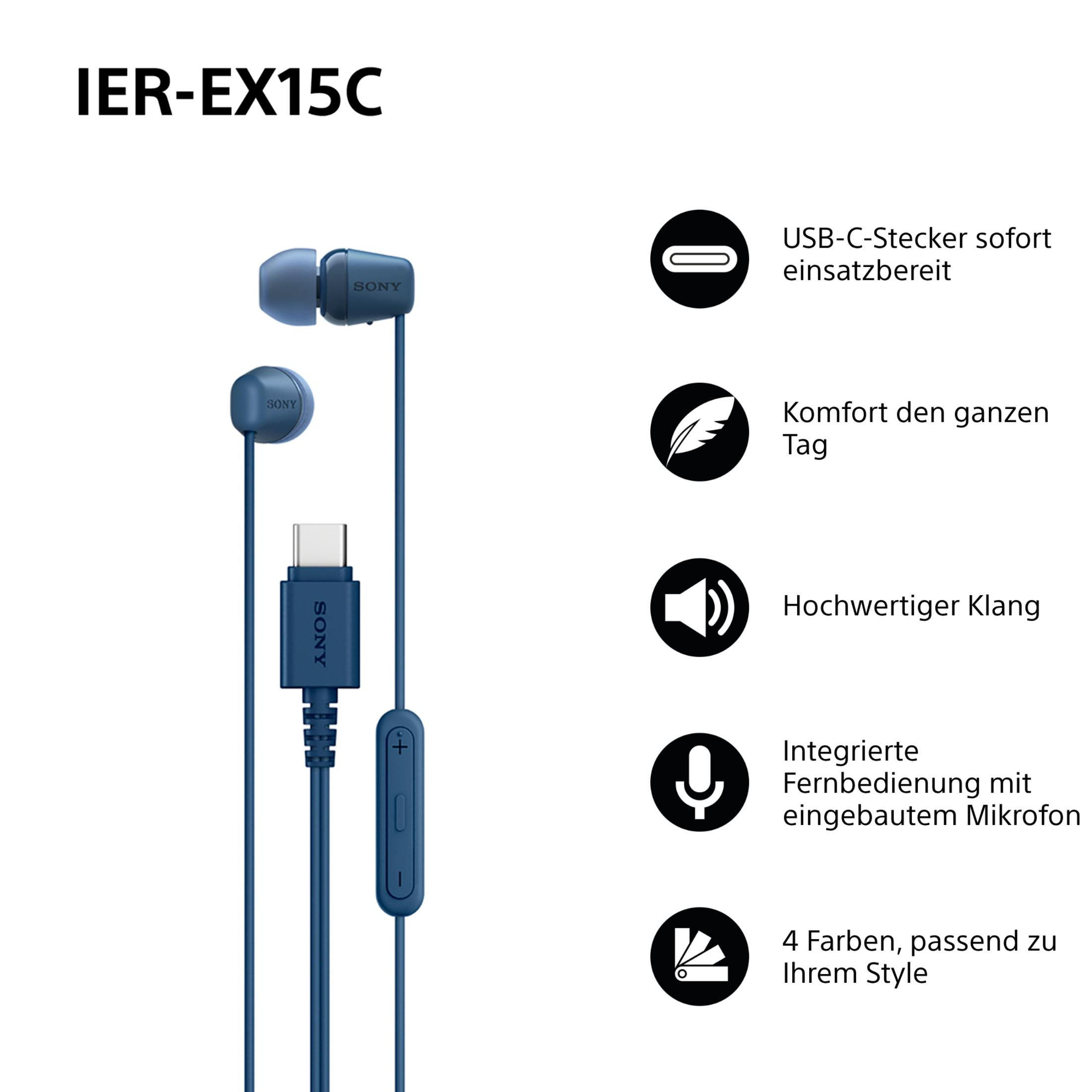 Blaue Sony Kopfhörer mit USB-C Stecker und Fernbedienung.