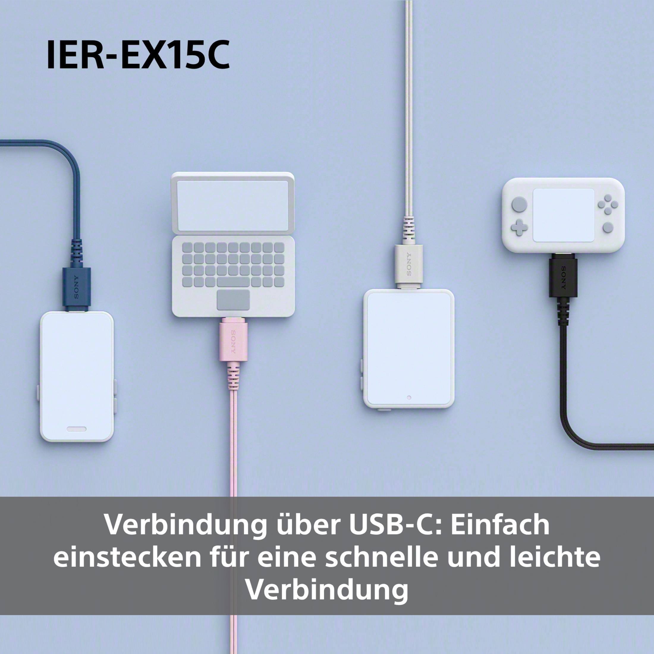 Vier weiße Sony-Geräte, verbunden mit farbigen USB-C-Kabeln.