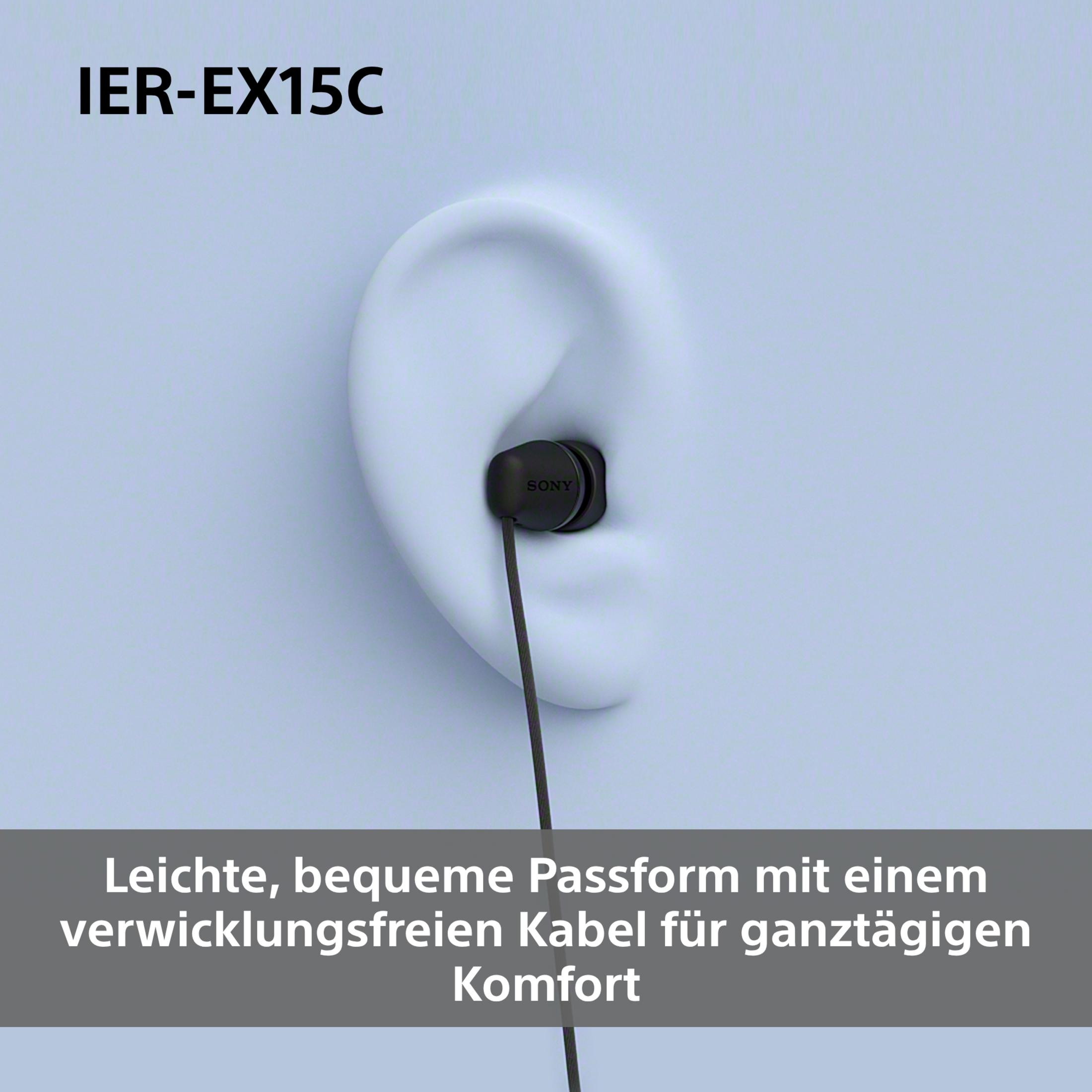 Schwarzer Sony Kopfhörer im Ohr mit blauem Hintergrund und Text.