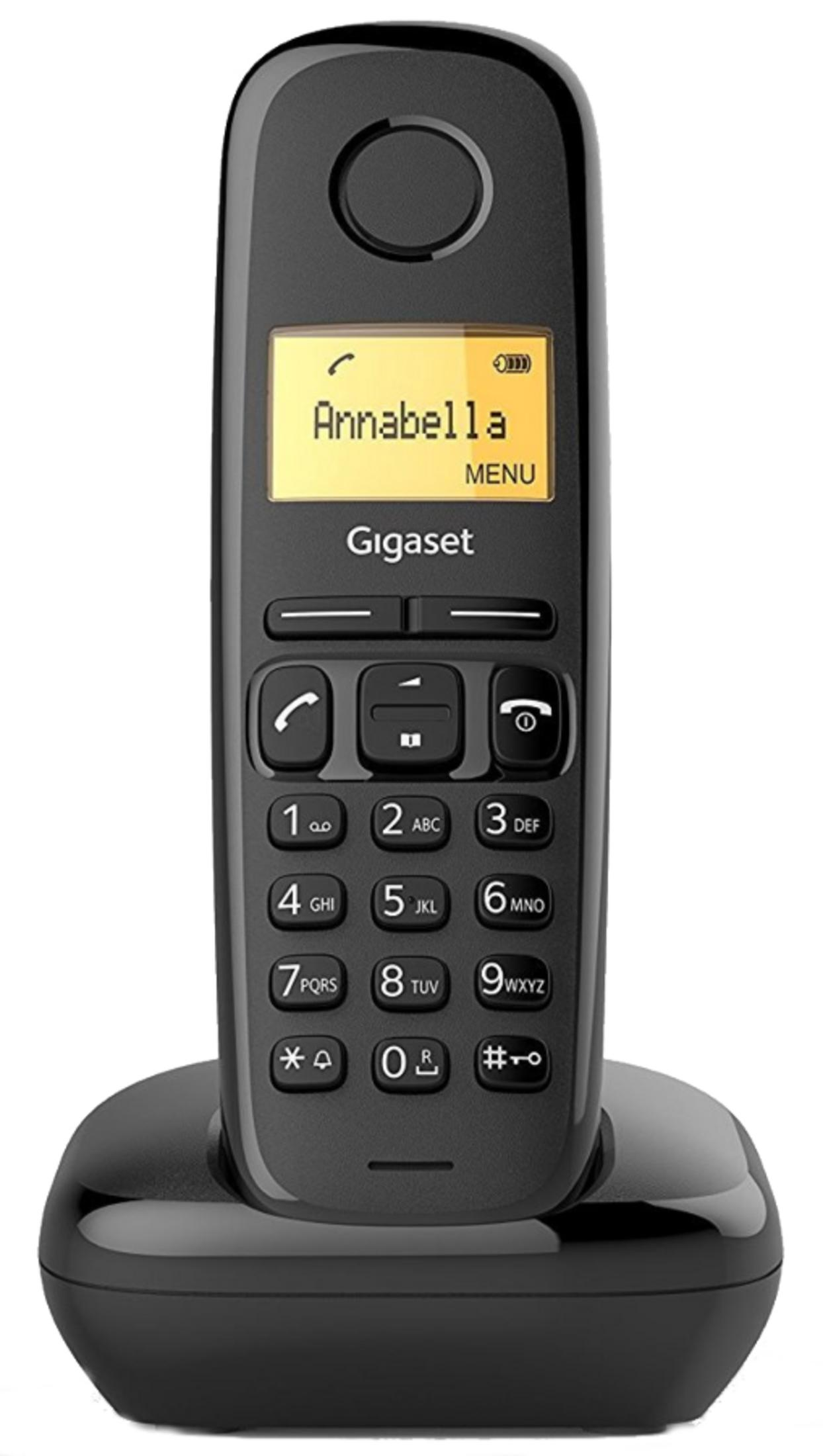 Telefono cordless Gigaset nero con display giallo che mostra 'Annabella'.
