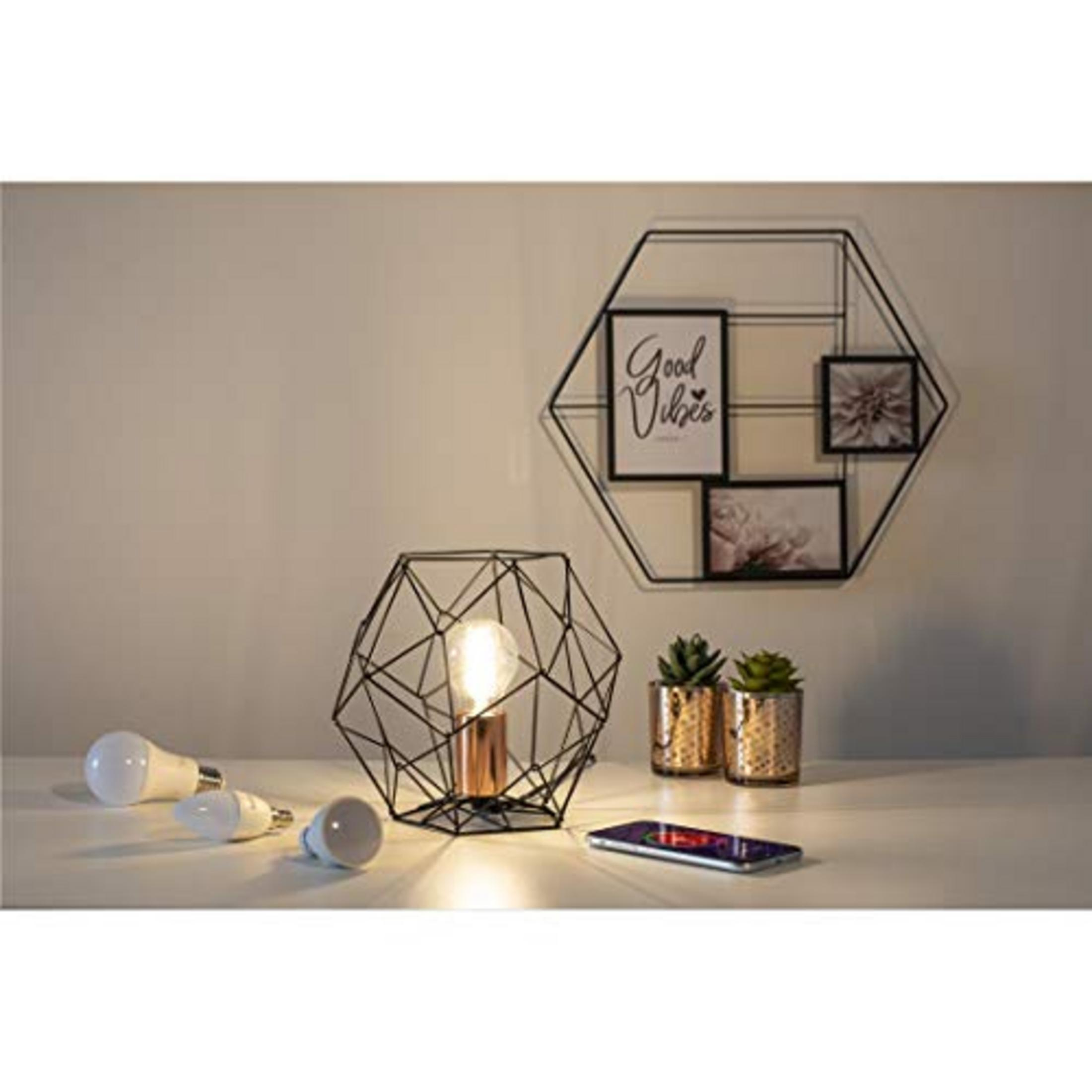 Una base de lámpara moderna con bombilla, tres bombillas LED, plantas en maceta y un smartphone.